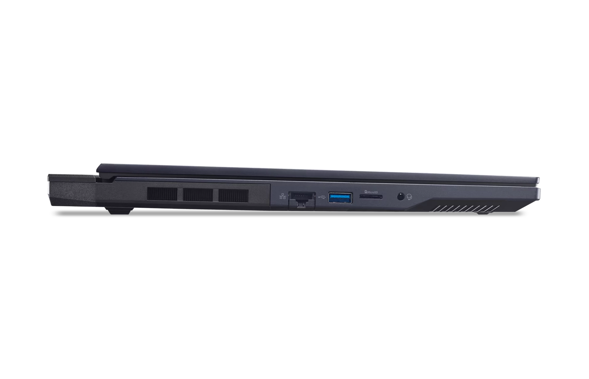 Vista laterale di un laptop nero, con porte USB, Ethernet e MicroSD.