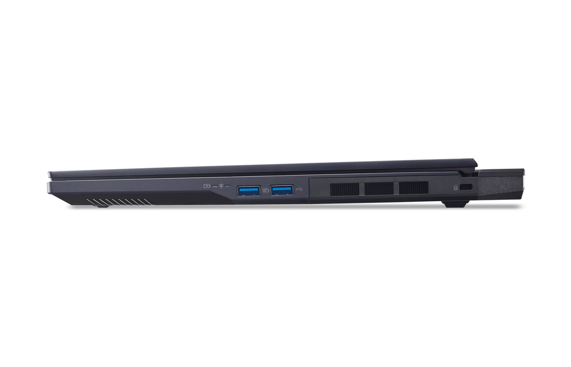 Vista laterale di un laptop scuro con porte: USB, ventilazione e icona lucchetto.