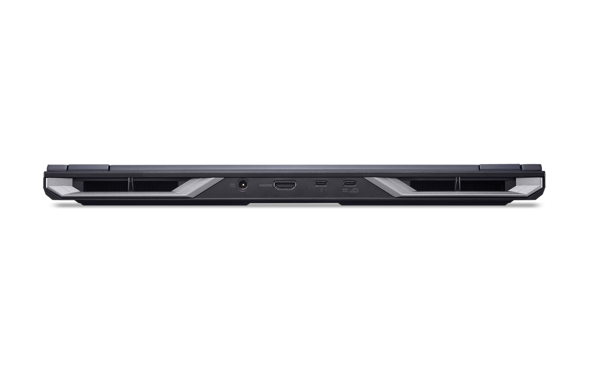 Vista laterale di un laptop nero con porte HDMI, USB-C e USB-A.