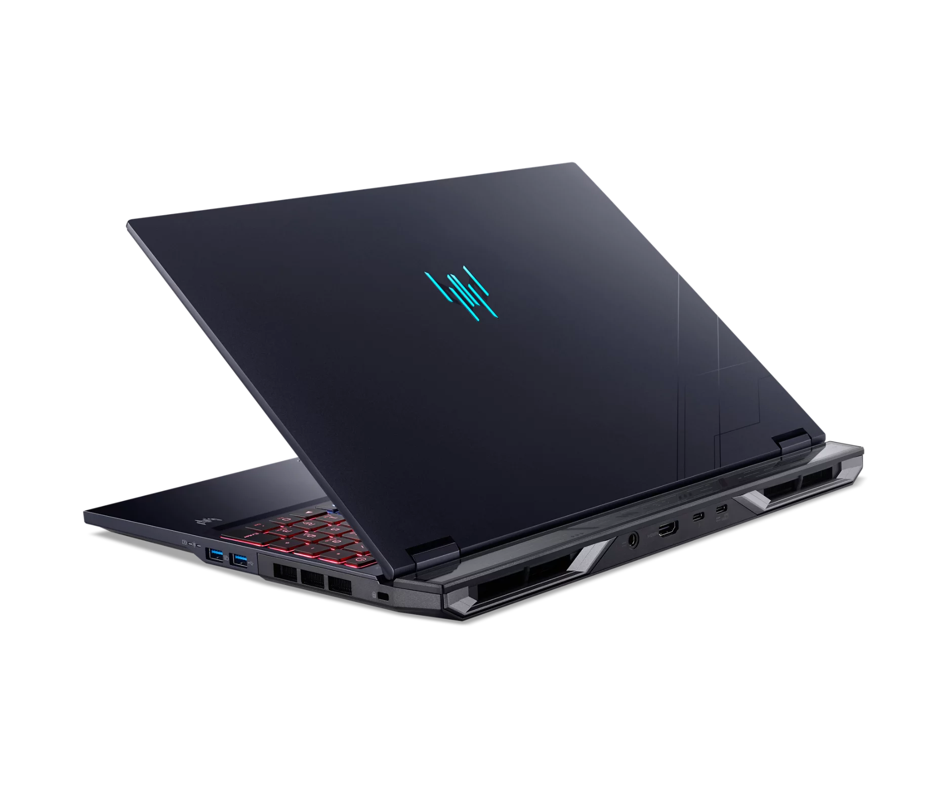 Un laptop scuro con logo blu e tastiera rossa, visto di lato.