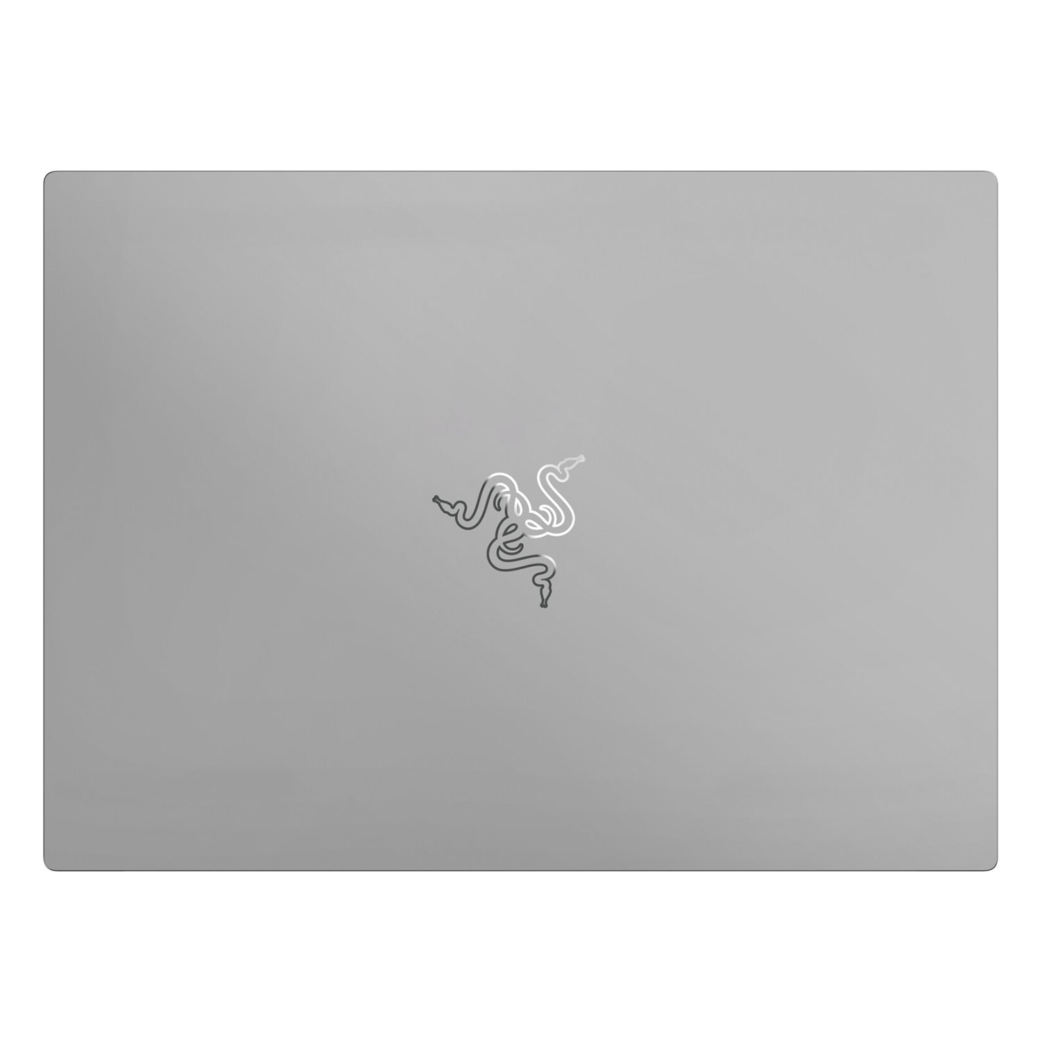 Zamknięty, srebrnoszary laptop z logo Razer na środku.