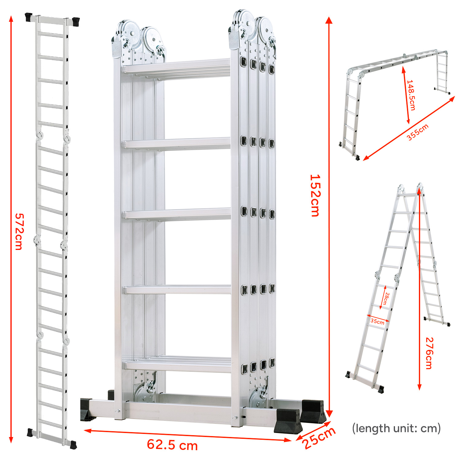 Srebrna drabina wielofunkcyjna z wymiarami, na białym tle.