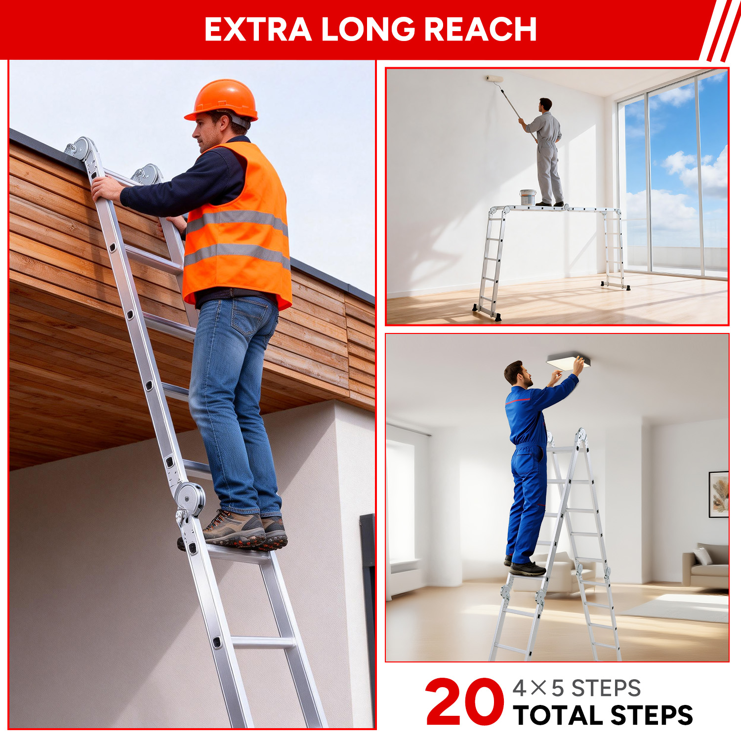 Mężczyzna na drabinie, malarz na podeście, monter przy suficie. 20 stopni.