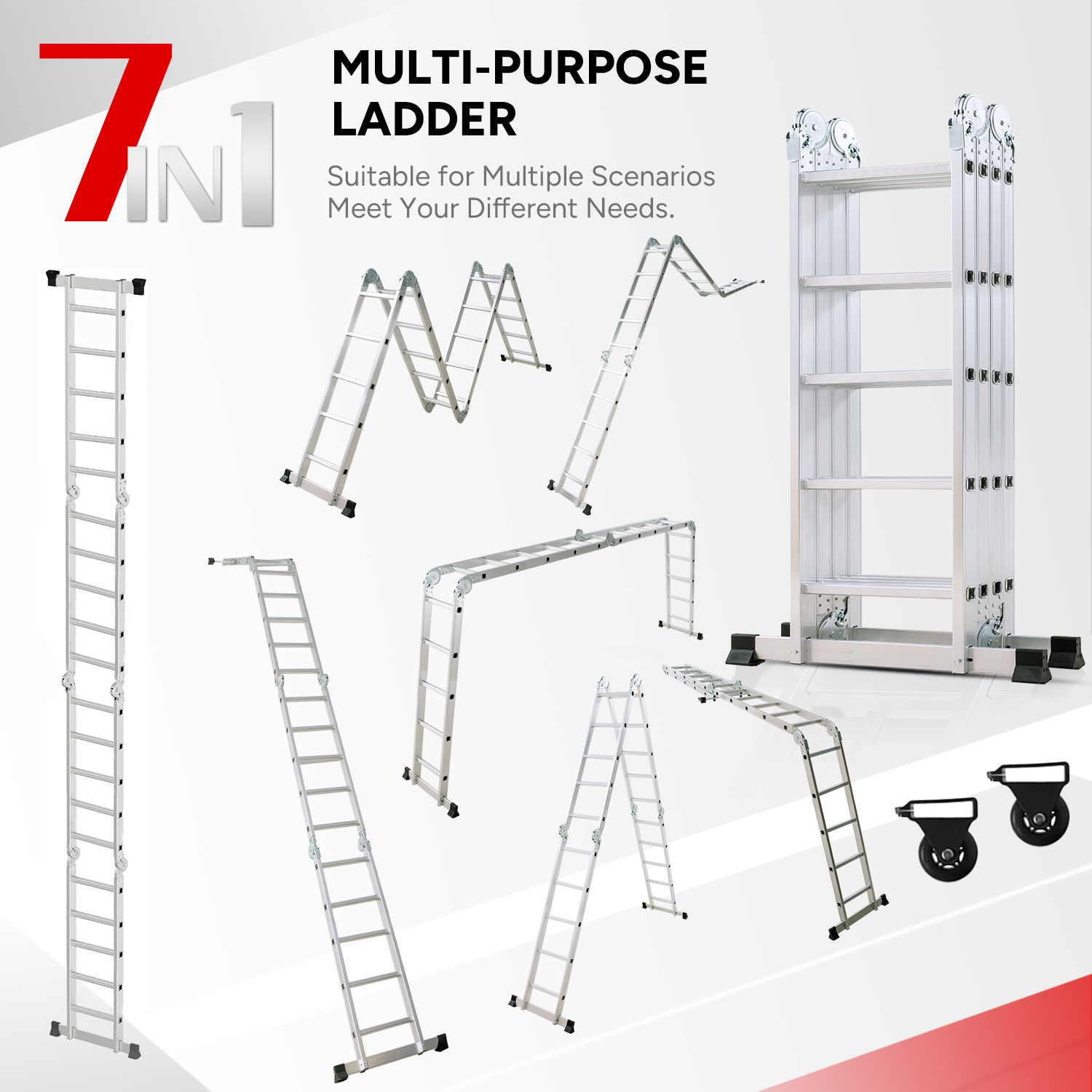 Drabina wielofunkcyjna w różnych konfiguracjach, w tym prosta i złożona.