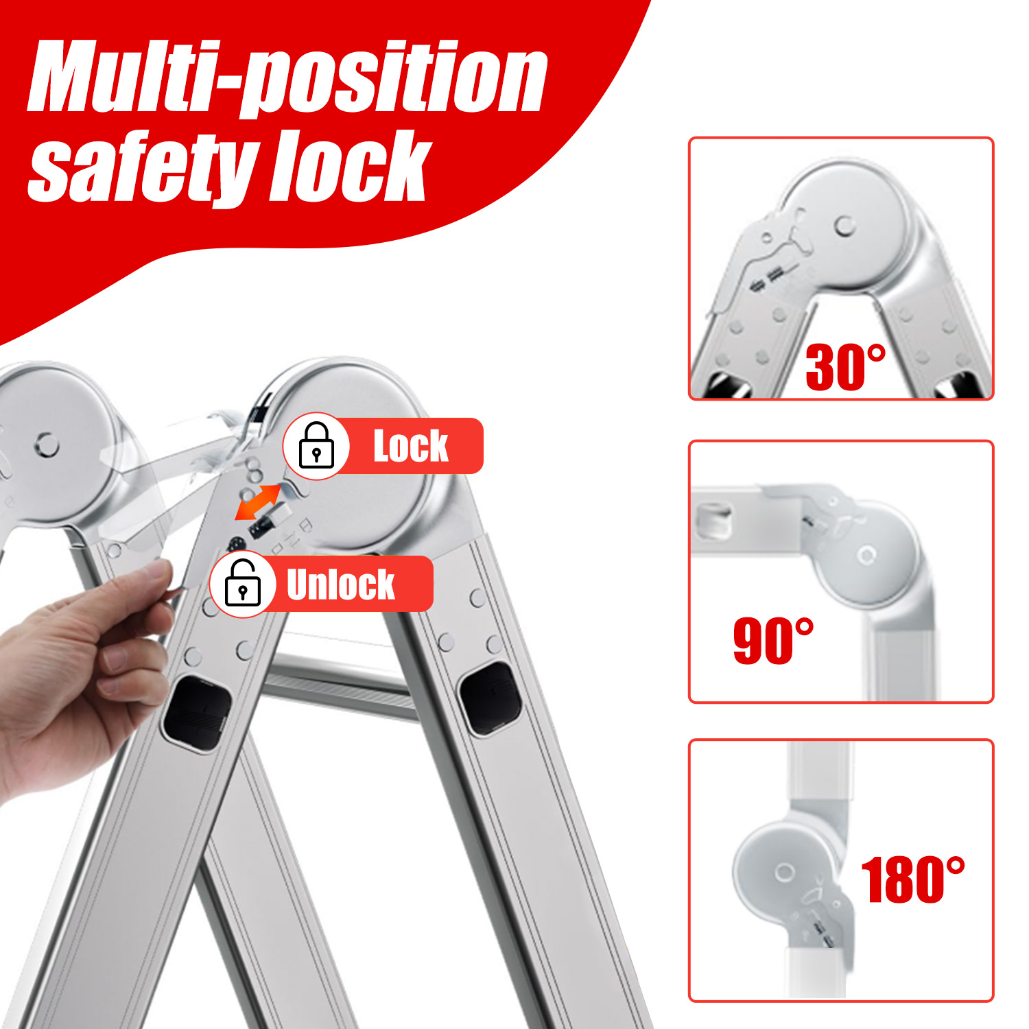 Ręka obsługuje drabinę wielopozycyjną z blokadami bezpieczeństwa.