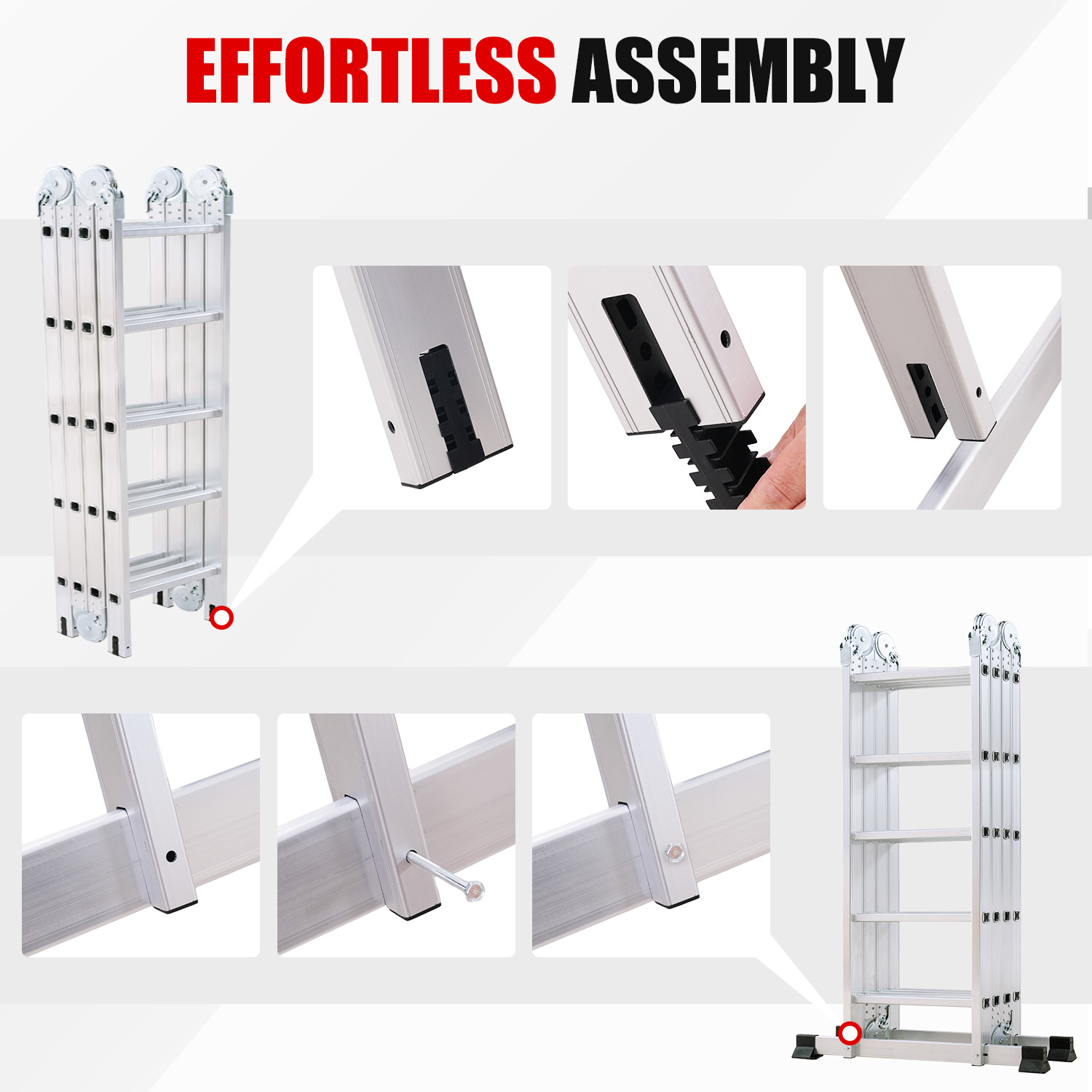 Srebrna drabina składana wielostopniowa pokazująca proste funkcje montażu.
