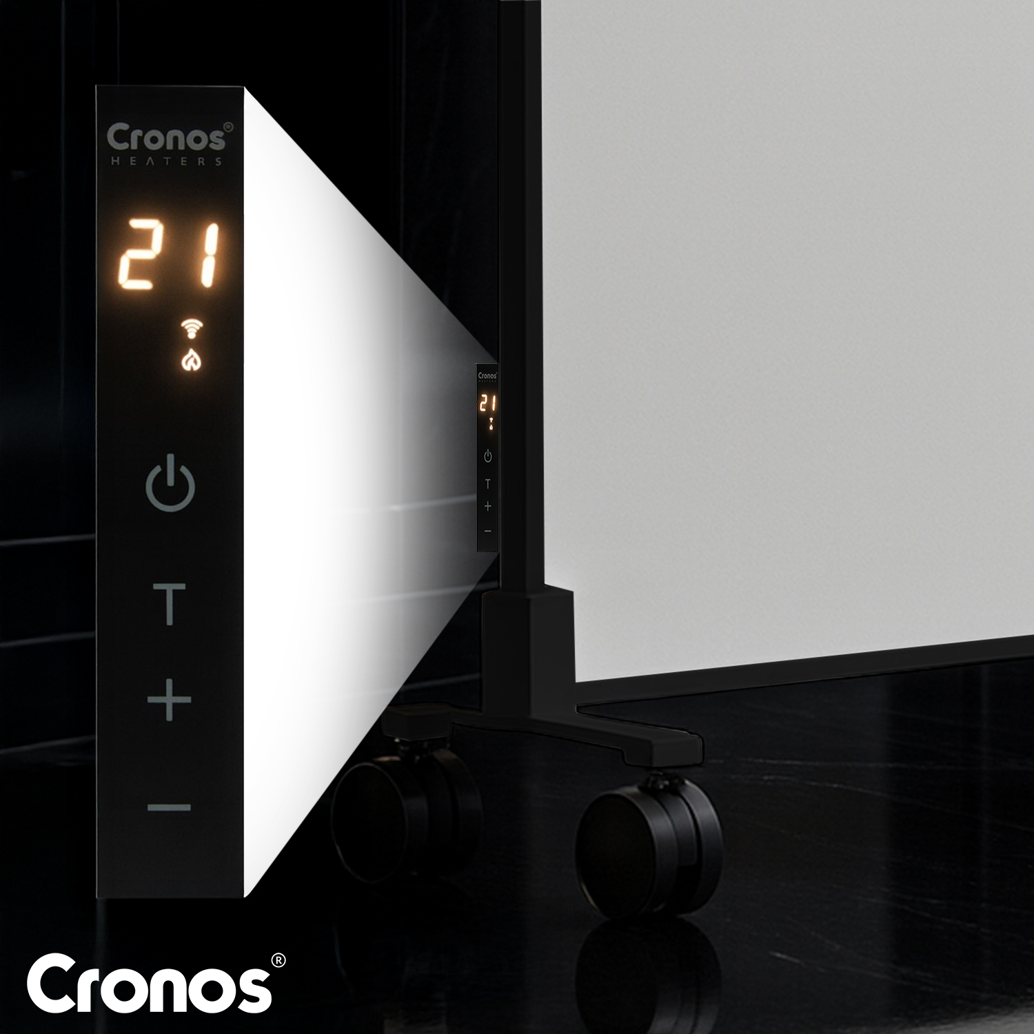 Grzejnik Cronos z cyfrowym wyświetlaczem pokazującym 21 stopni i przyciski.