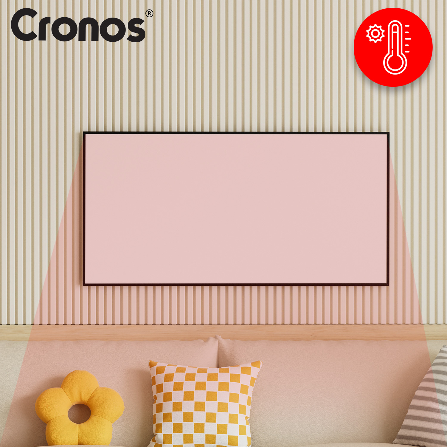 Logo Cronos nad różowym ekranem z ikoną termometru. Kanapa z poduszkami poniżej.