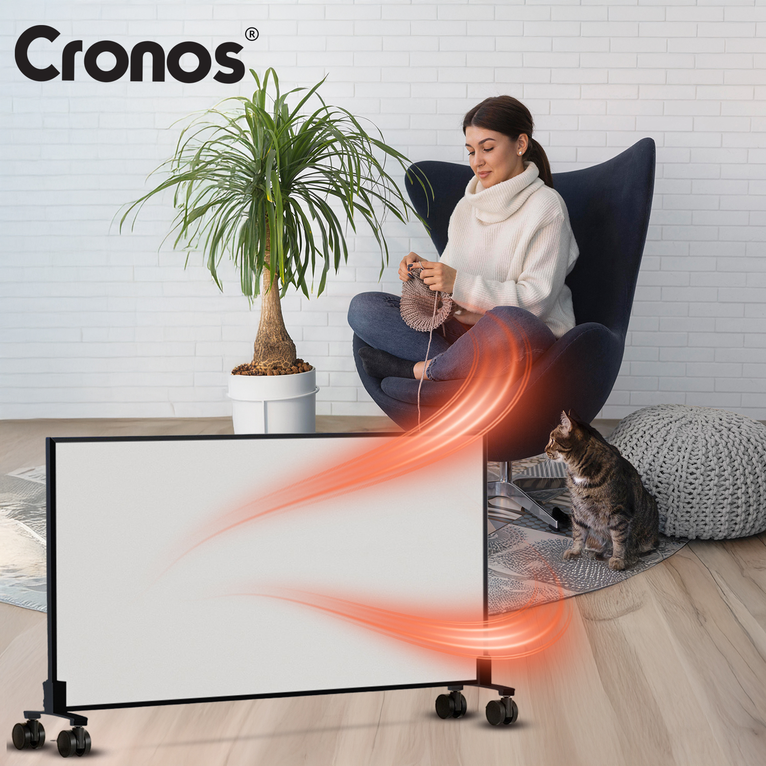 Kobieta dzierga w fotelu, kot siedzi przy grzejniku z pomarańczowymi falami ciepła.