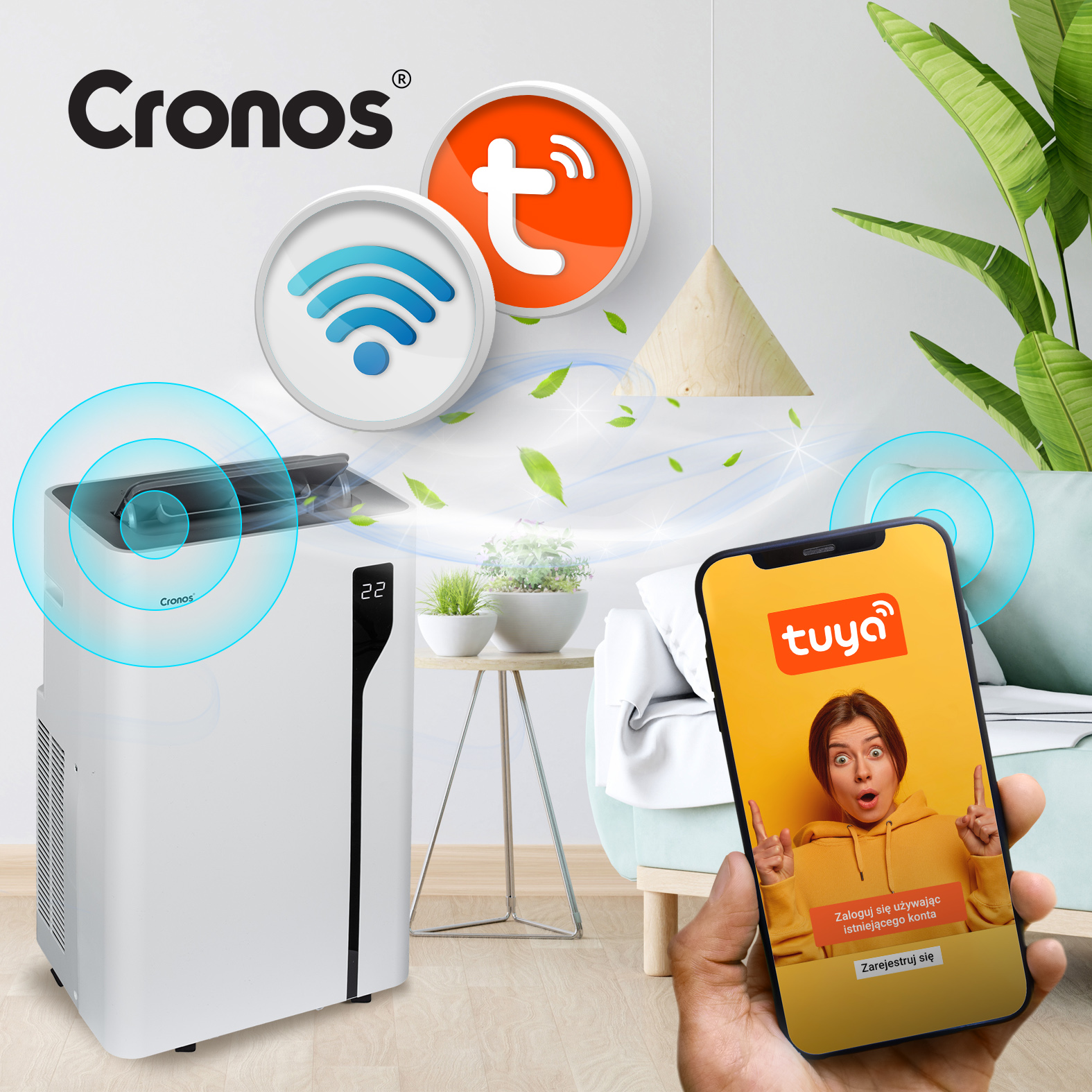 Oczyszczacz powietrza Cronos z ikonami Wi-Fi i Tuya, sterowany smartfonem.