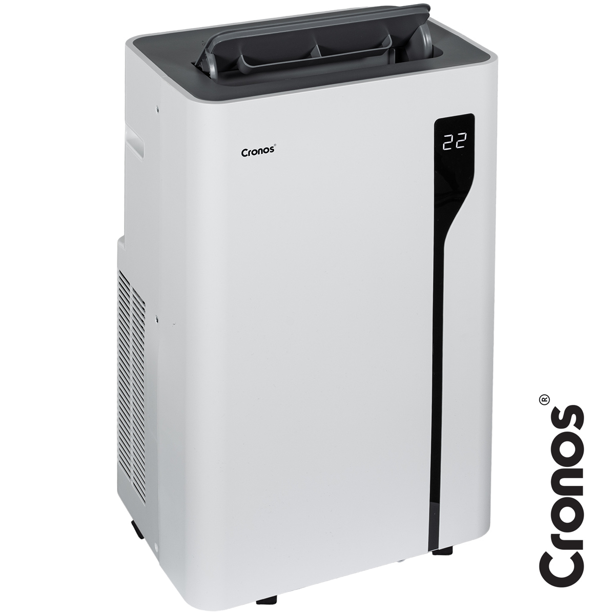 Biała przenośna klimatyzacja Cronos z cyfrowym wyświetlaczem.
