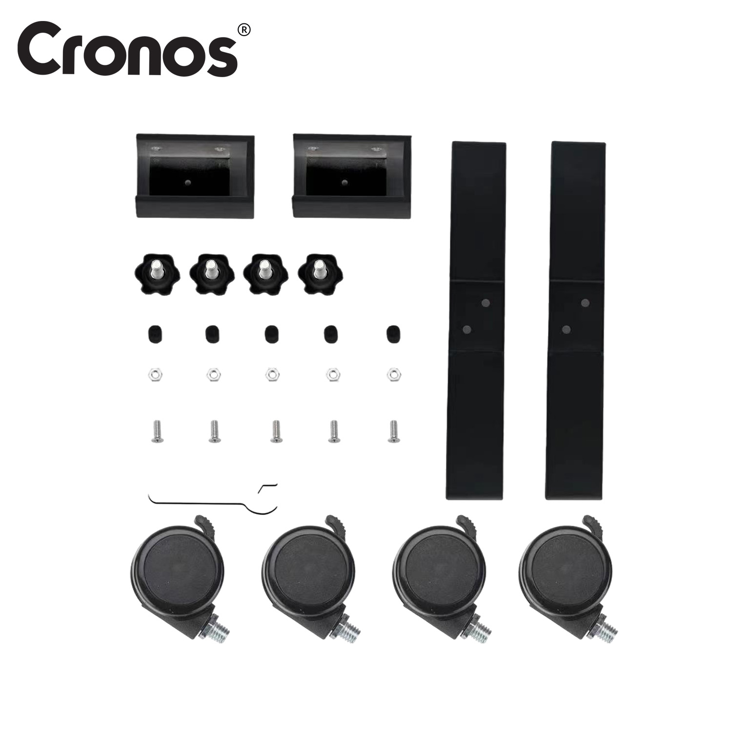 Logo Cronos z czarnymi wspornikami, śrubami, nakrętkami i kółkami.