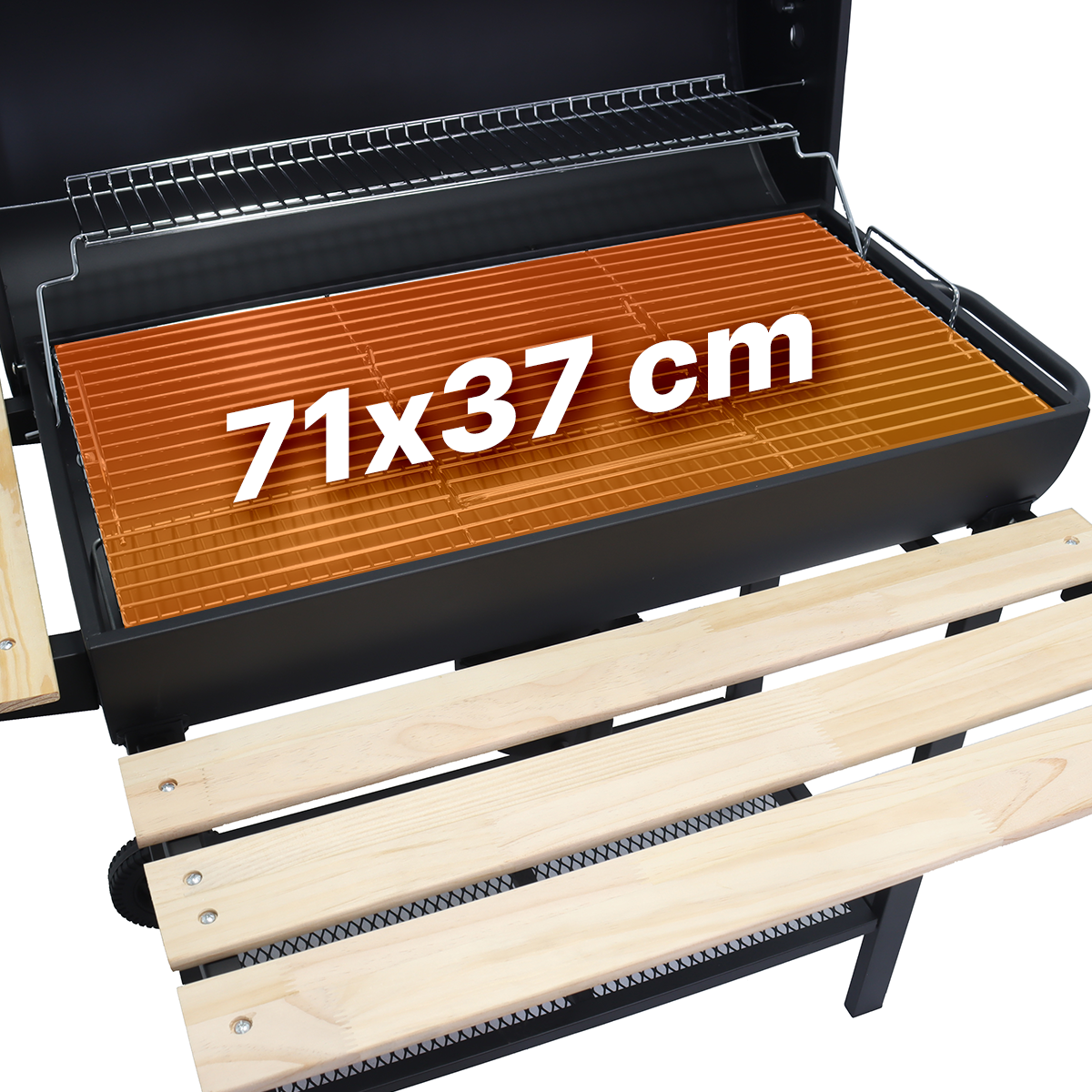 Ruszt grillowy o wymiarach 71x37 cm na grillu.