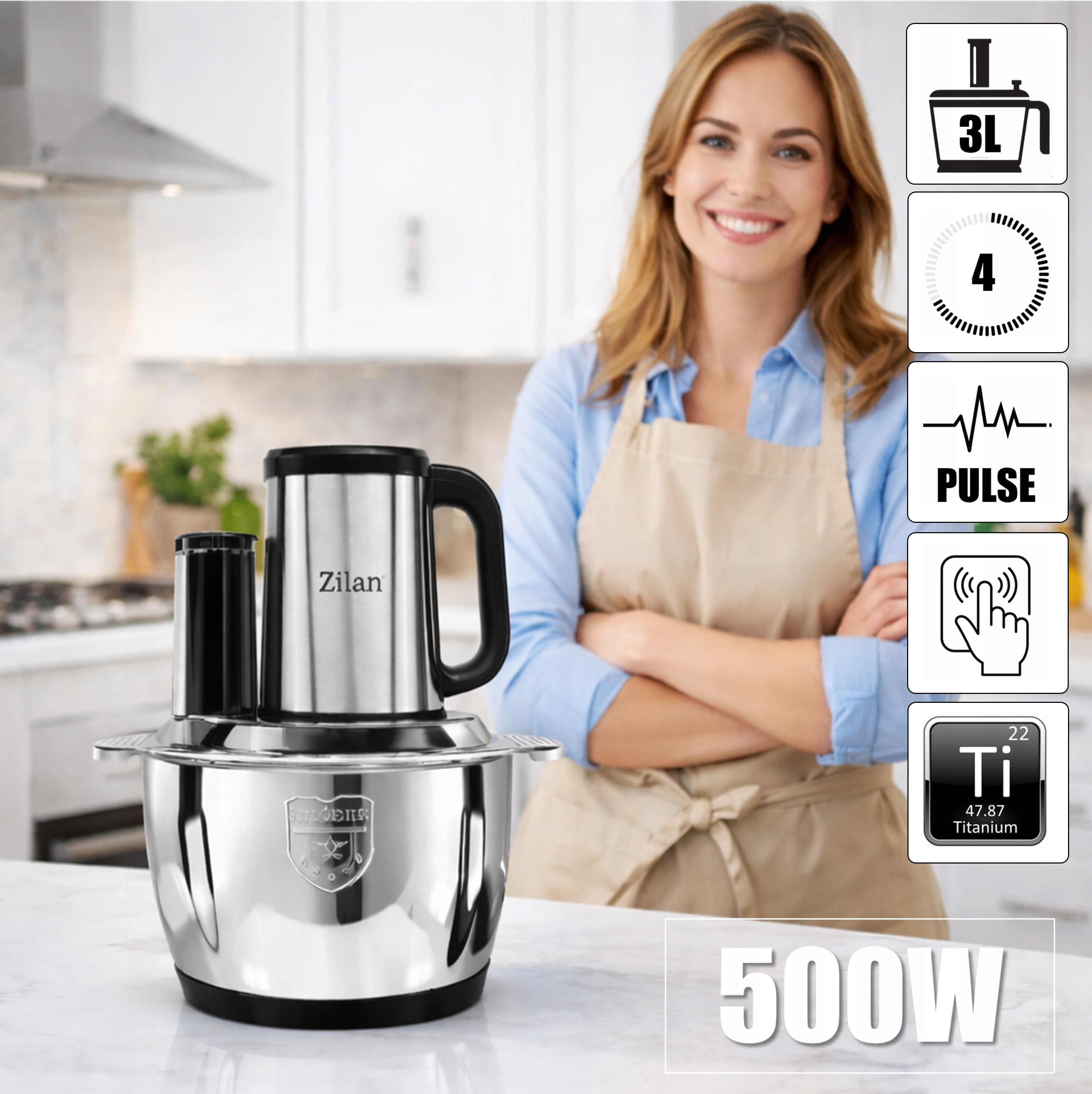 Kobieta w fartuchu obok srebrnej maszynki 3L o mocy 500W.