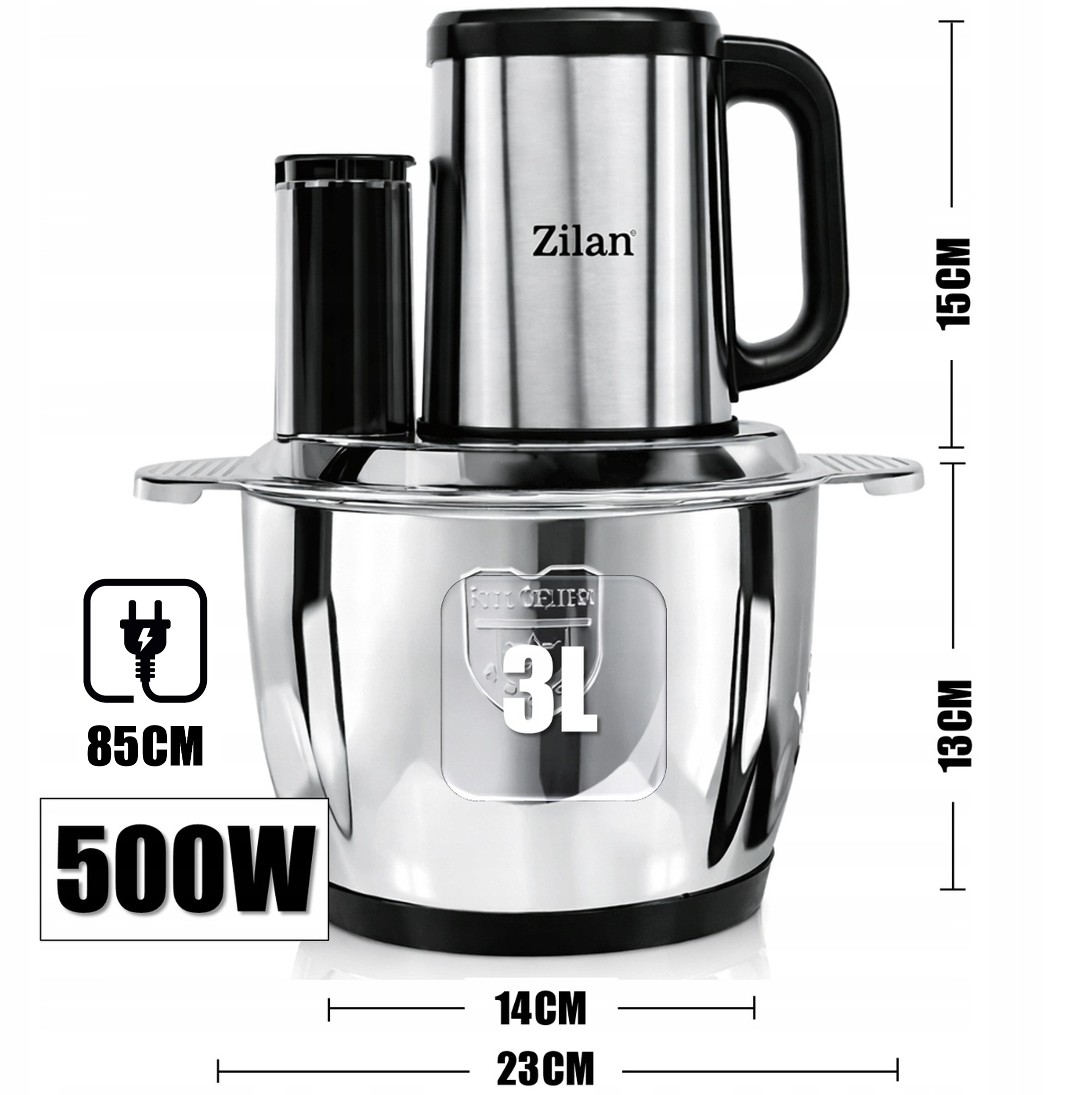 Malakser stalowy, pojemność 3L, 500W, wysokość 15cm.