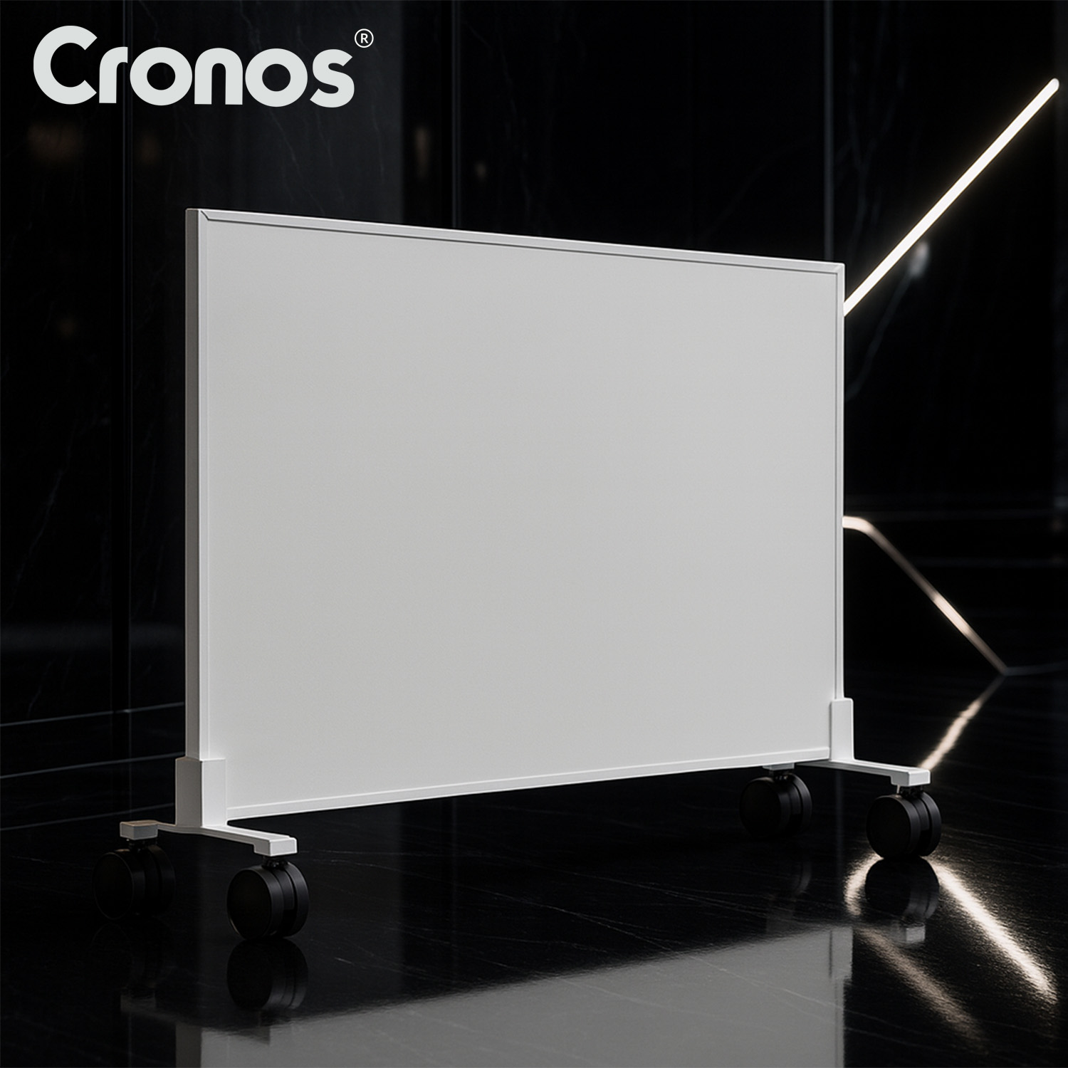 Biały, jezdny ekran z logo Cronos stoi na błyszczącej czarnej podłodze.