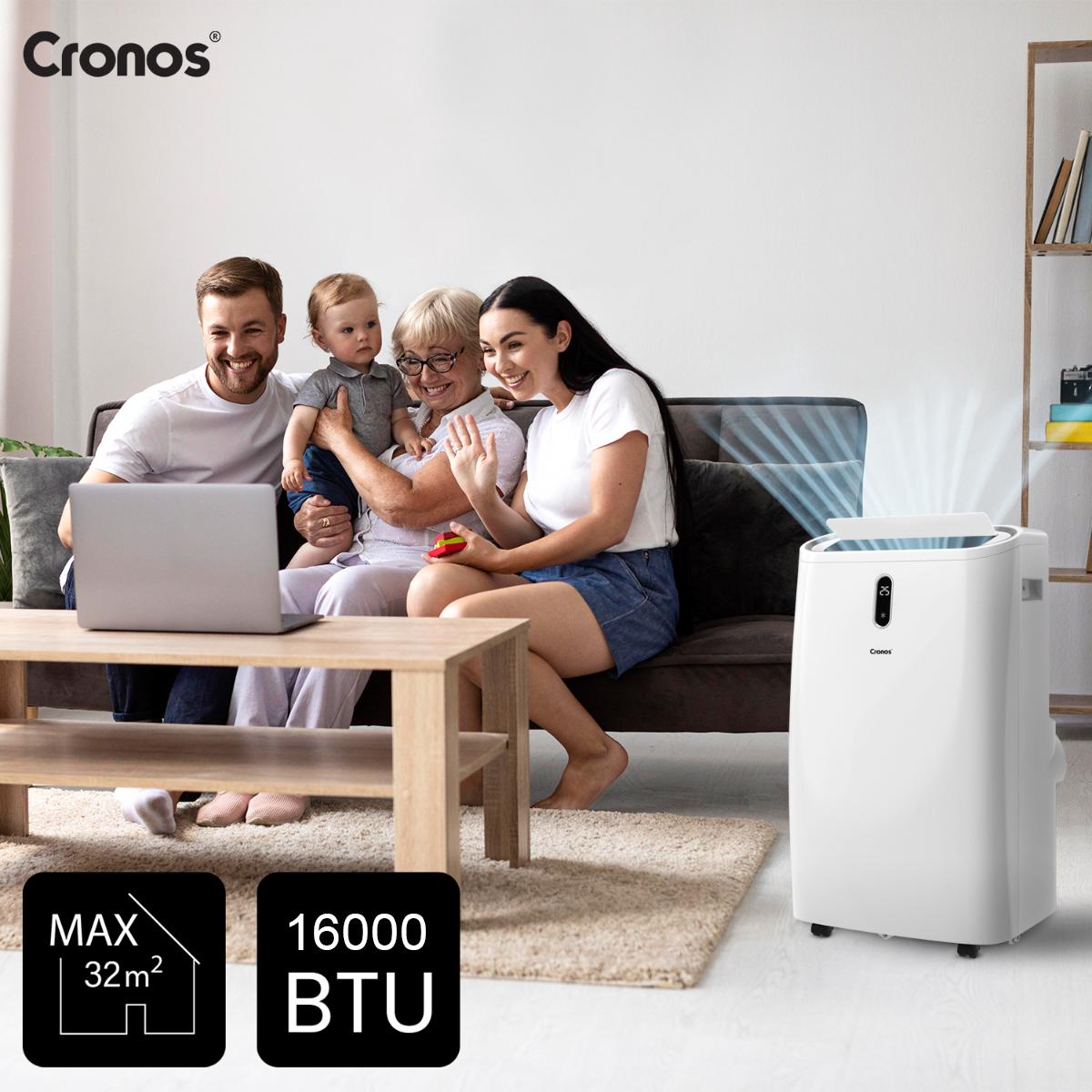 Rodzina ogląda laptopa, klimatyzator na pierwszym planie.