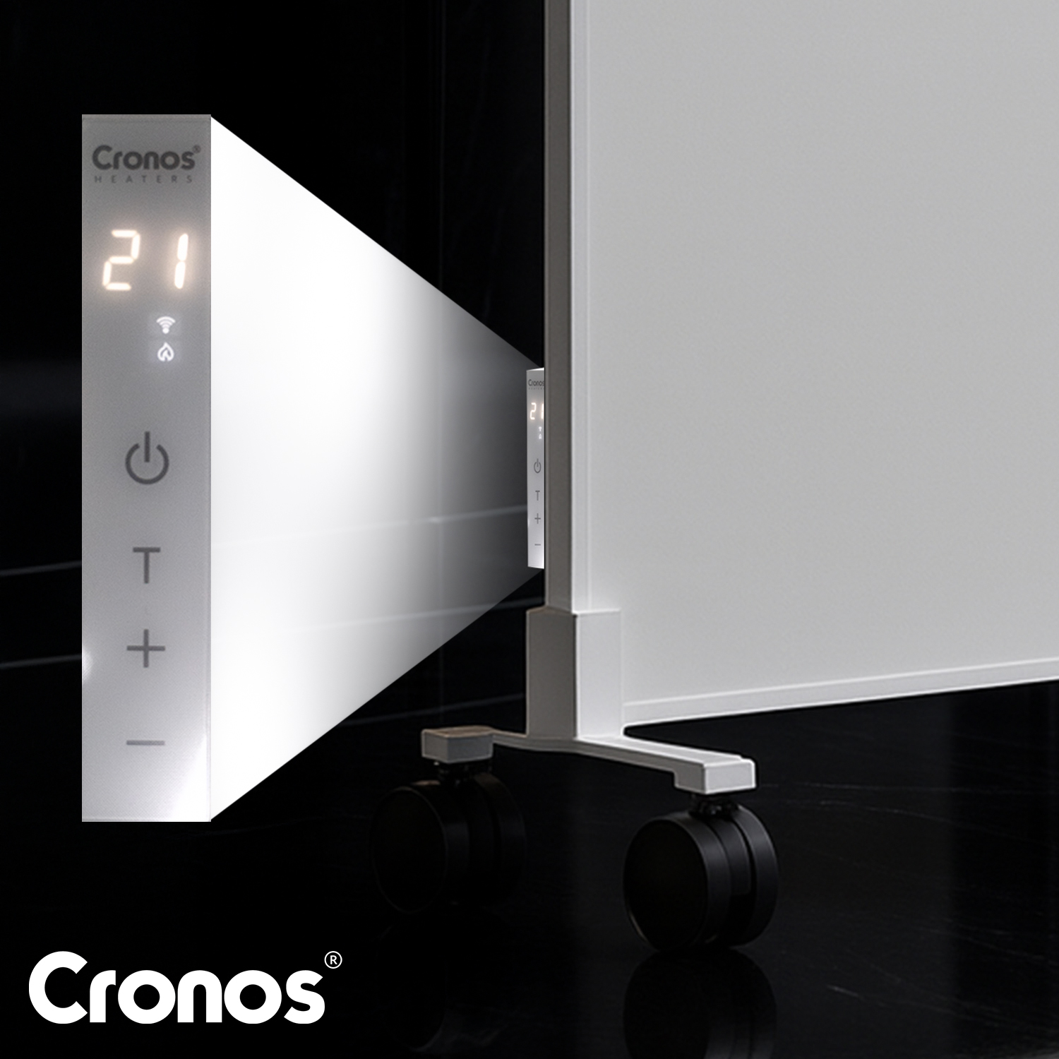 Biały grzejnik Cronos z cyfrowym wyświetlaczem 21 stopni, na kółkach.