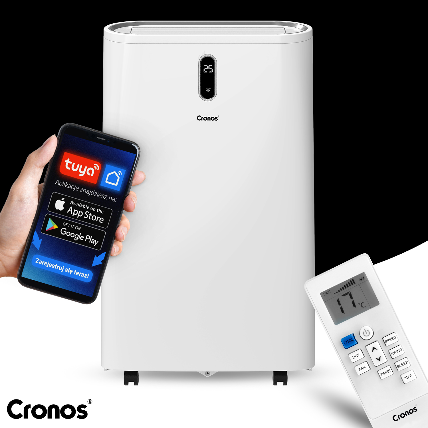 Biały klimatyzator Cronos z pilotem i smartfonem pokazującym aplikację Tuya.