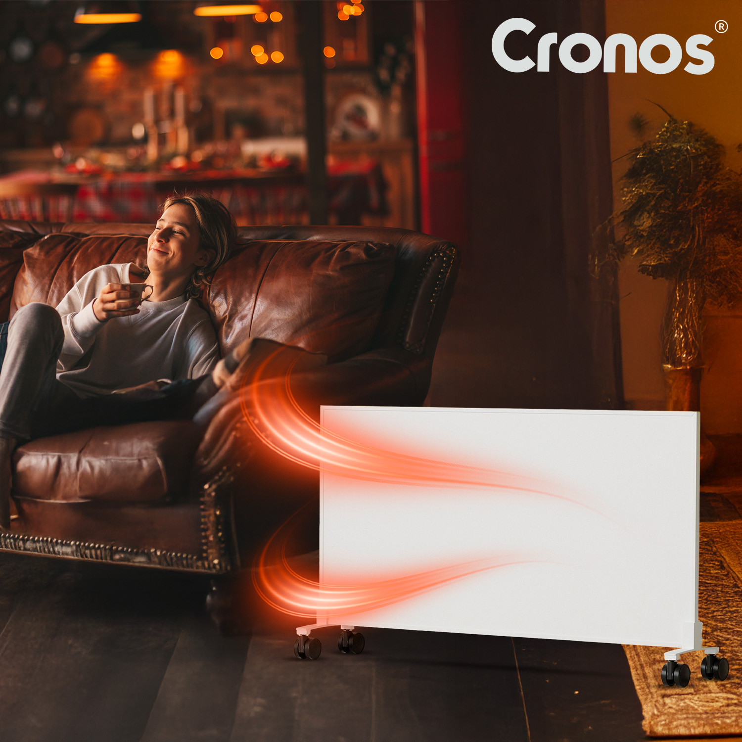 Kobieta relaksuje się na skórzanej kanapie z kubkiem. Grzejnik emituje ciepło.