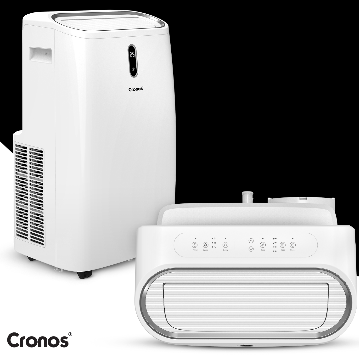 Dwa białe klimatyzatory Cronos stoją obok siebie. Jeden pionowo, drugi leży z przodu.