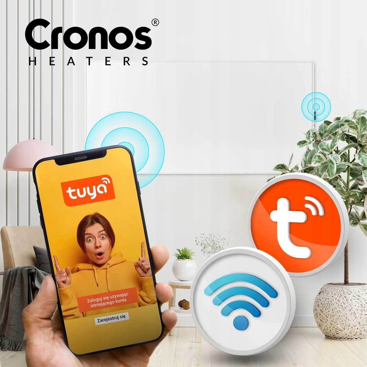 Logo Cronos Heaters z aplikacją Tuya na smartfonie i ikonami WiFi/Smart Home.