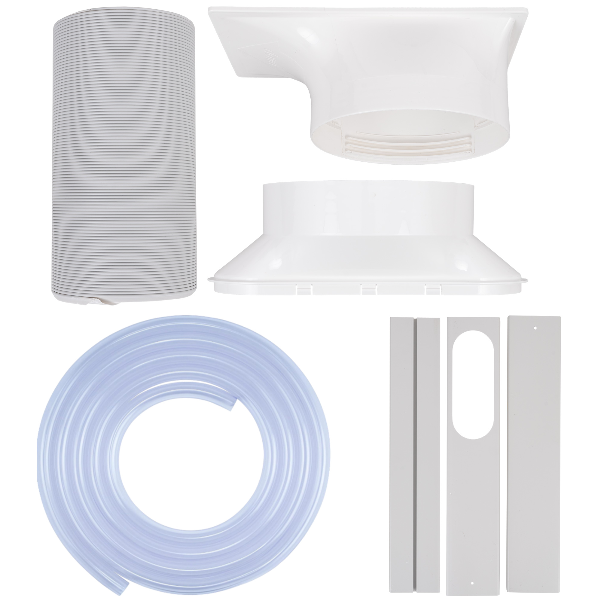 Wąż wydechowy, adaptery, uszczelka okna i wąż.