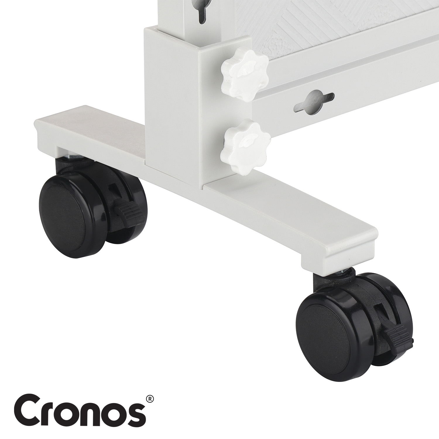 Biały stojak z czarnymi kółkami i dwoma białymi pokrętłami.