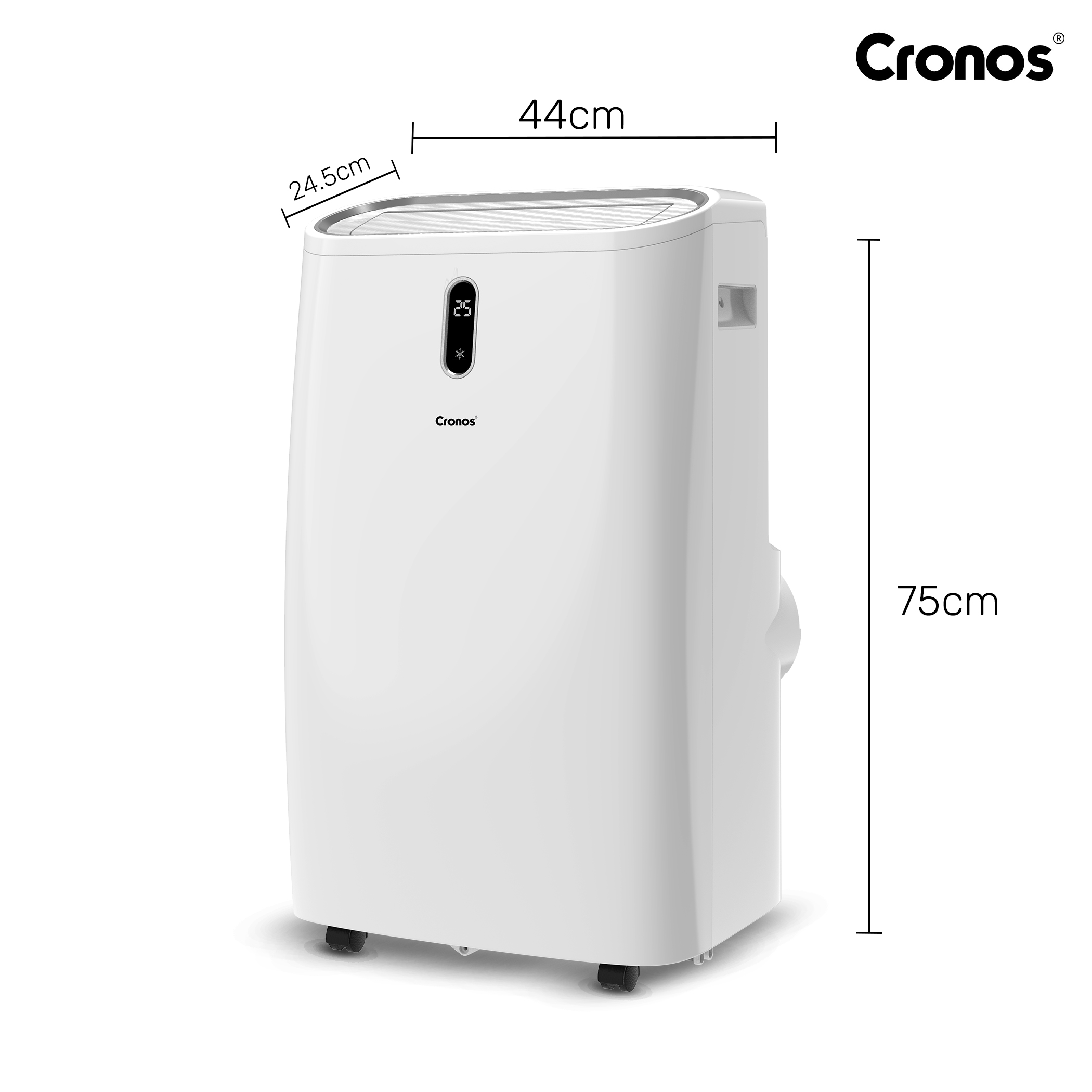 Biała wieża klimatyzatora przenośnego z kółkami, wymiary 44x24,5x75cm.