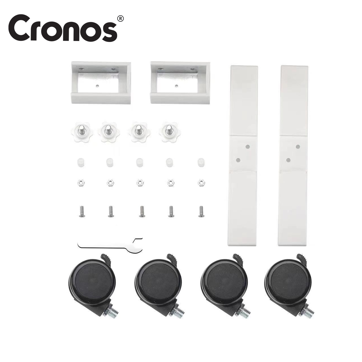 Logo Cronos, białe wsporniki, śruby, nakrętki, narzędzie i cztery czarne kółka.