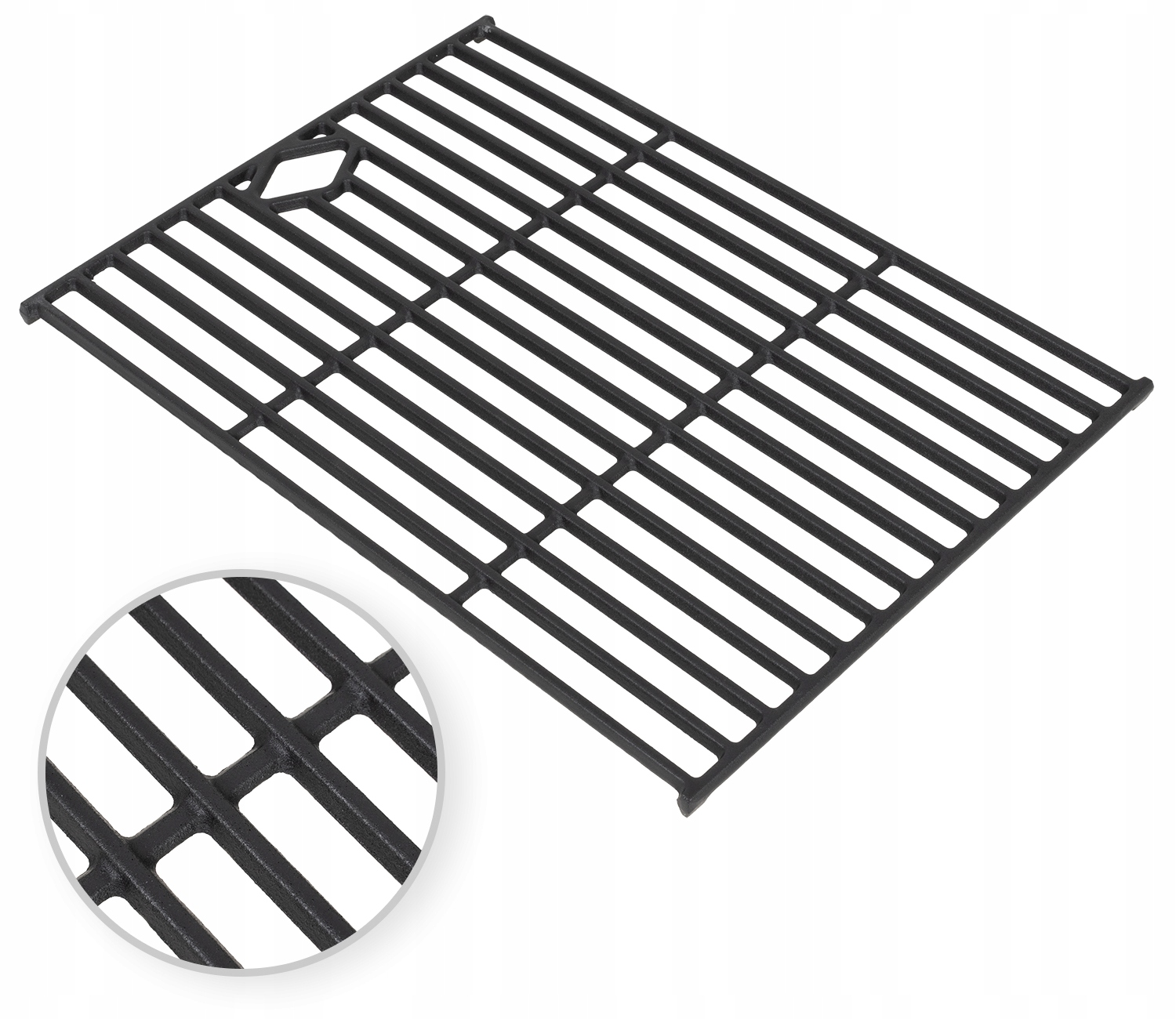 Czarna żeliwna kratka grillowa z prostokątnym wzorem i zbliżeniem detalu.