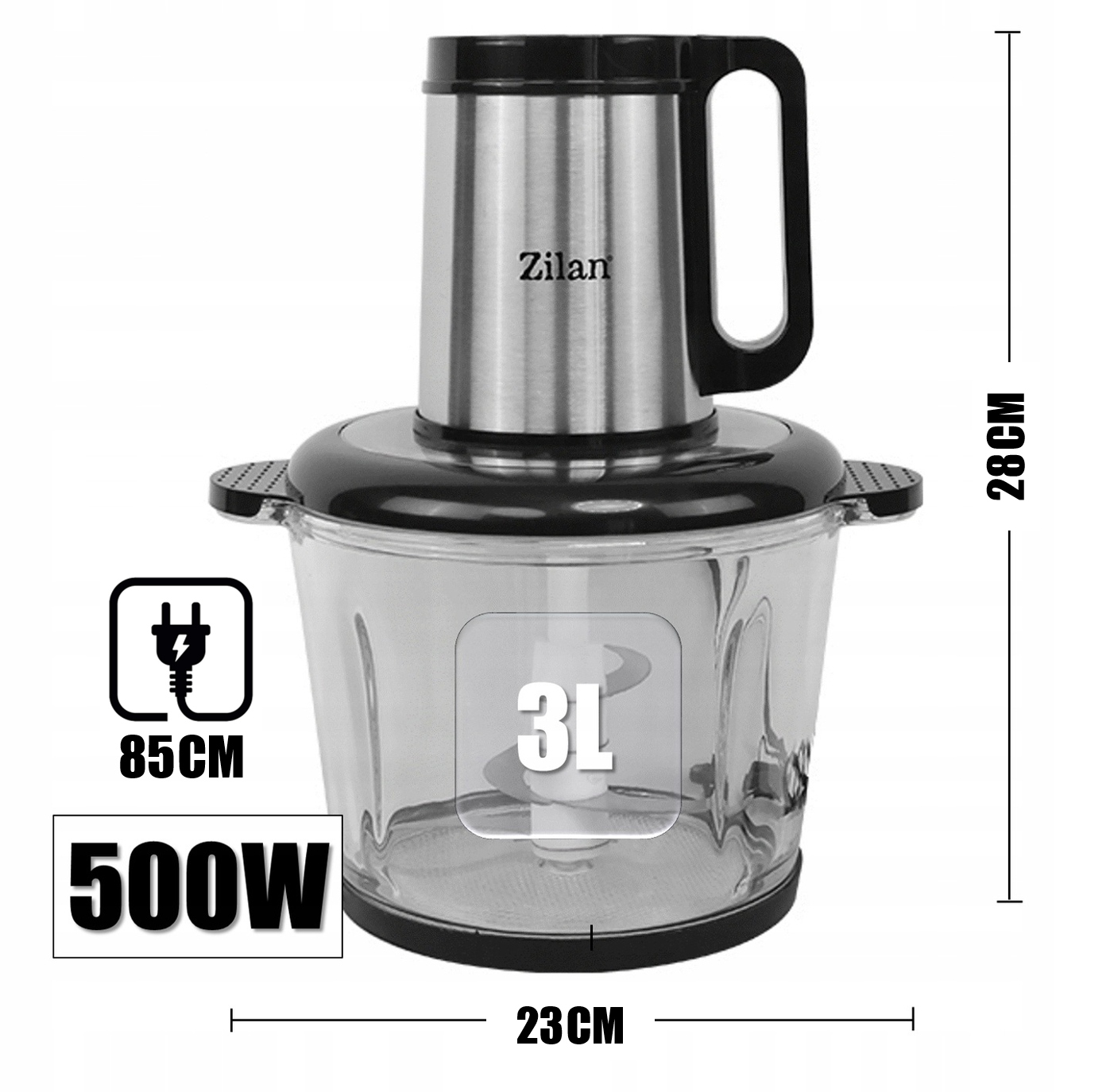 Robot kuchenny Zilan 500W, pojemność 3L, wysokość 28cm, szerokość 23cm.