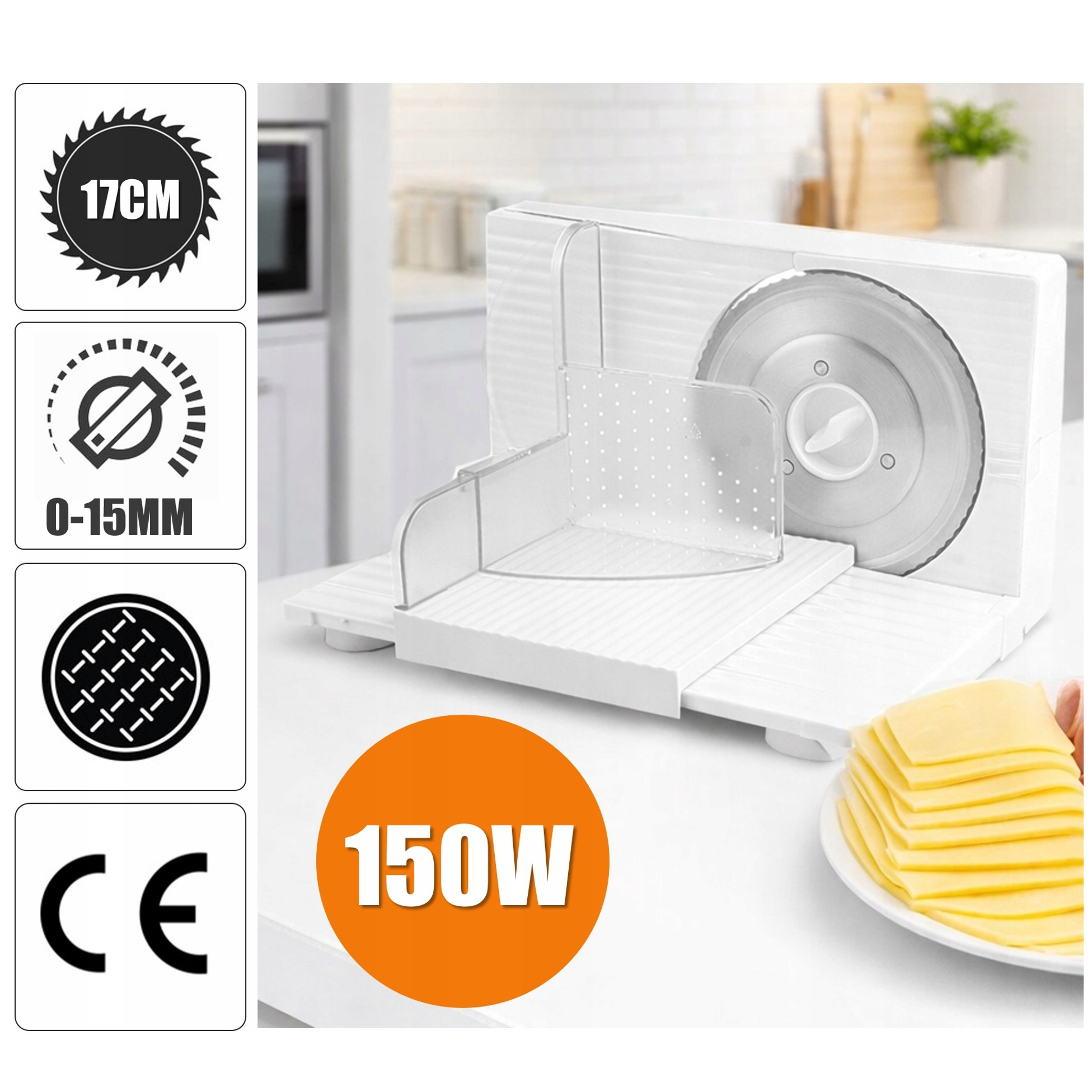 Biała elektryczna krajalnica z ostrzem 17cm i mocą 150W.