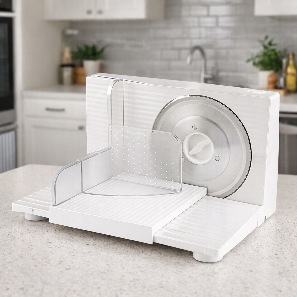 Biała krajalnica z ostrym metalowym ostrzem i przezroczystą osłoną.