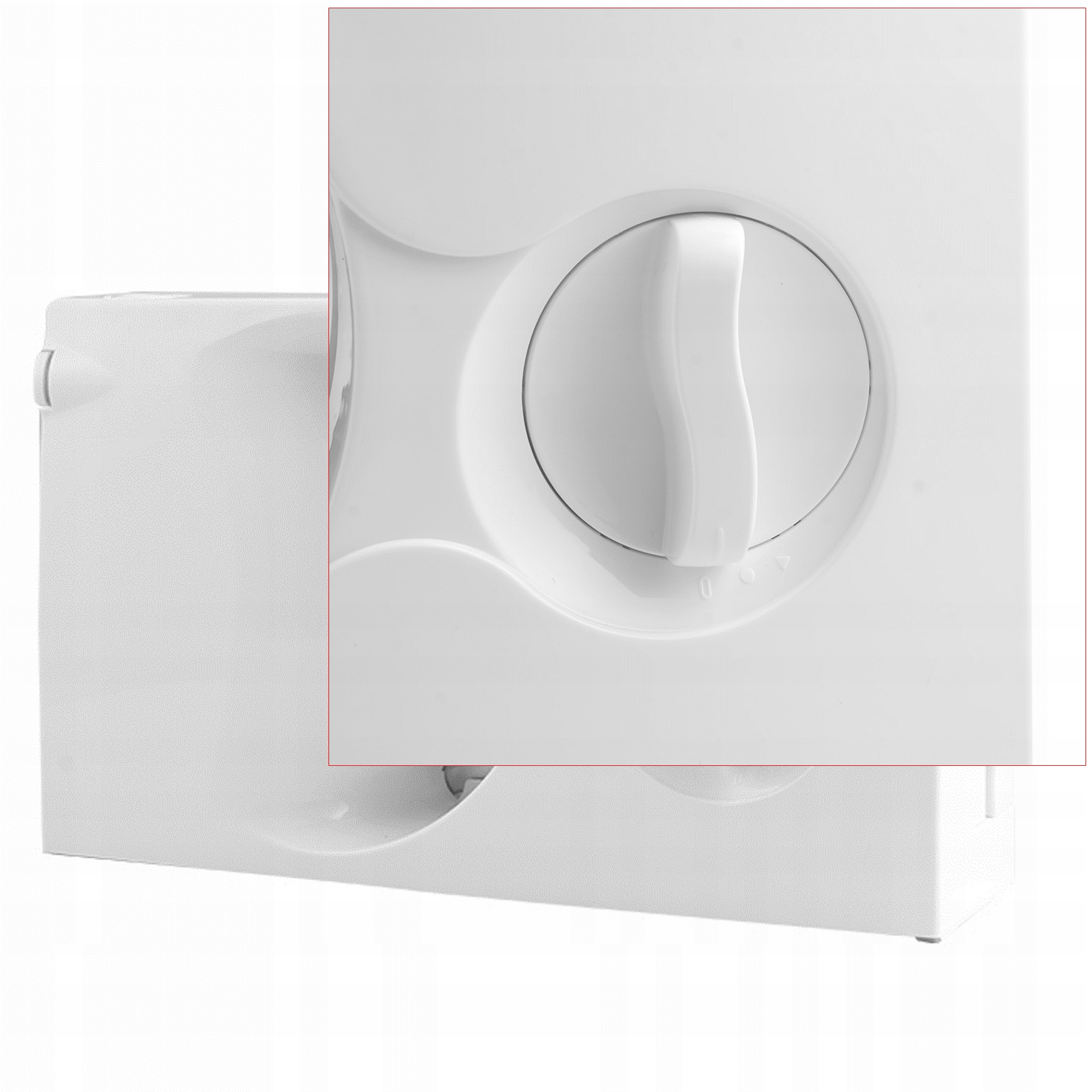 Zbliżenie białego urządzenia z pokrętłem obrotowym i znacznikami ustawień.