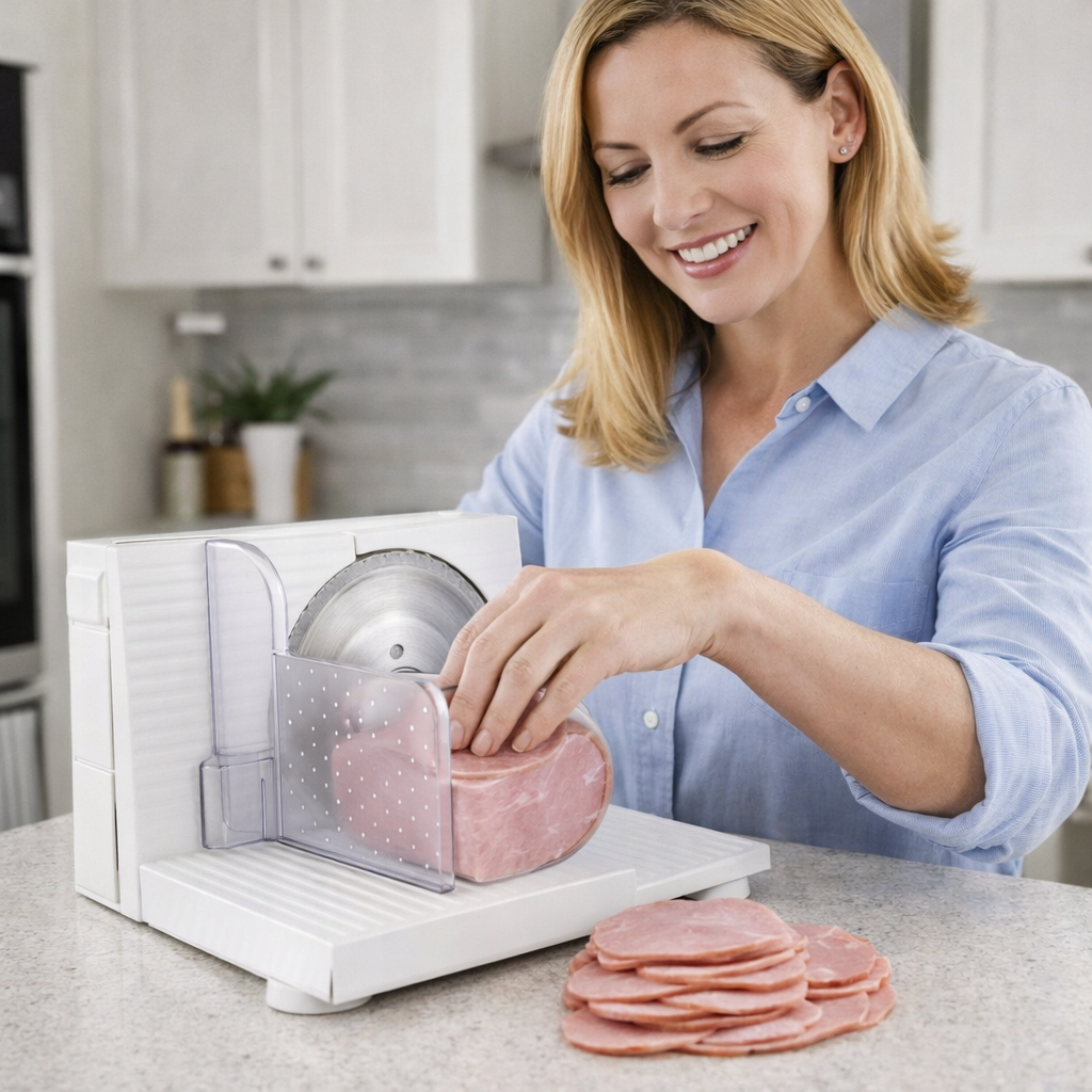 Kobieta kroi szynkę elektryczną krajalnicą w kuchni.