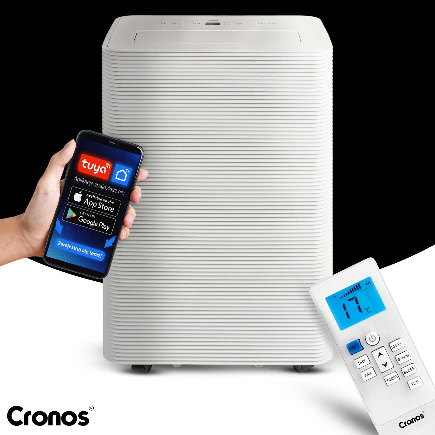 Biały osuszacz Cronos ze smartfonem i pilotem.