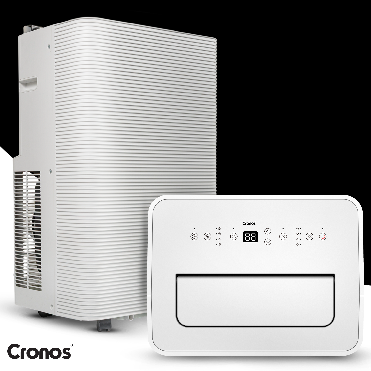 Dwa białe klimatyzatory Cronos, jeden pionowy z otworami wentylacyjnymi, drugi płaski z panelem sterowania.