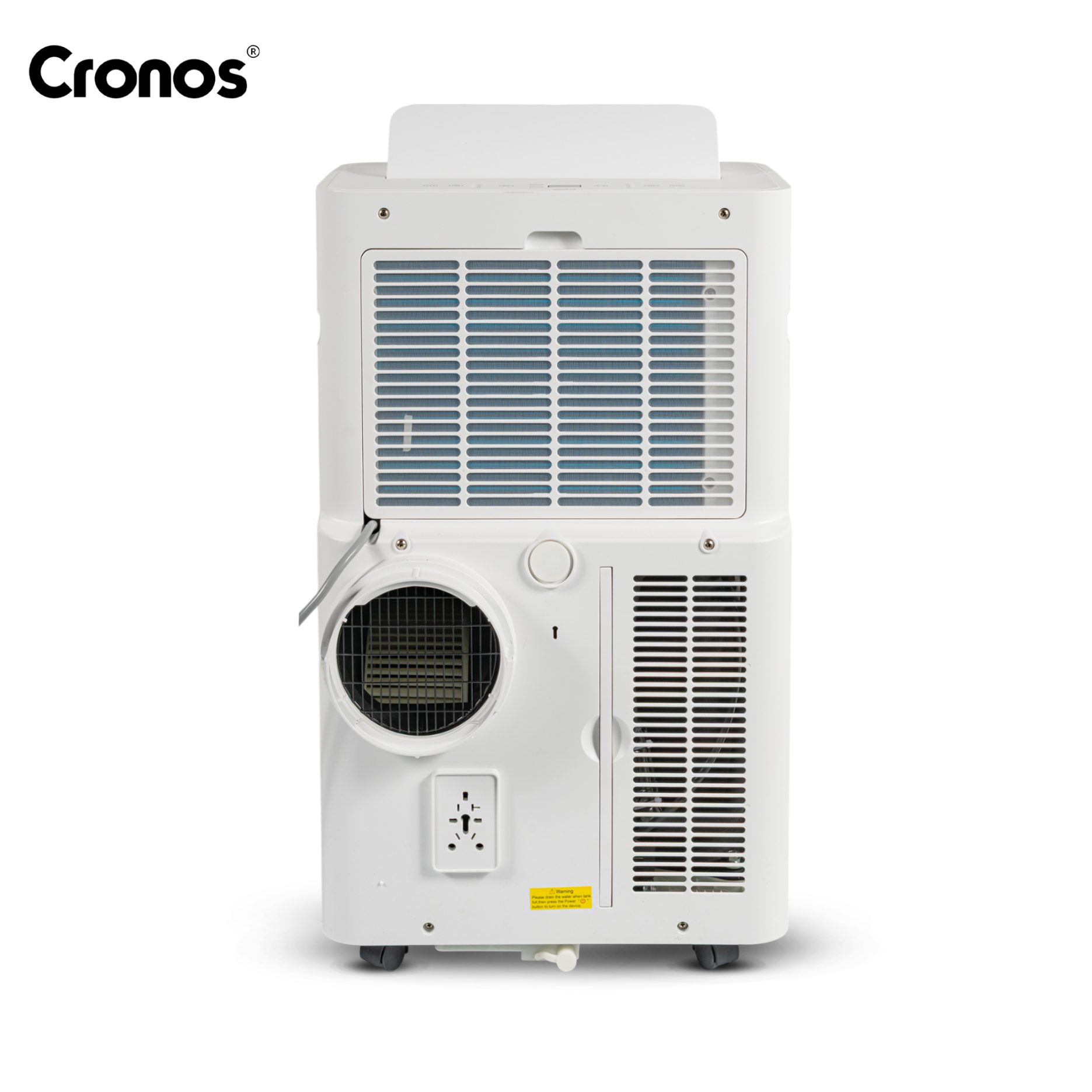 Tył białego przenośnego klimatyzatora z otworami wentylacyjnymi i portami.