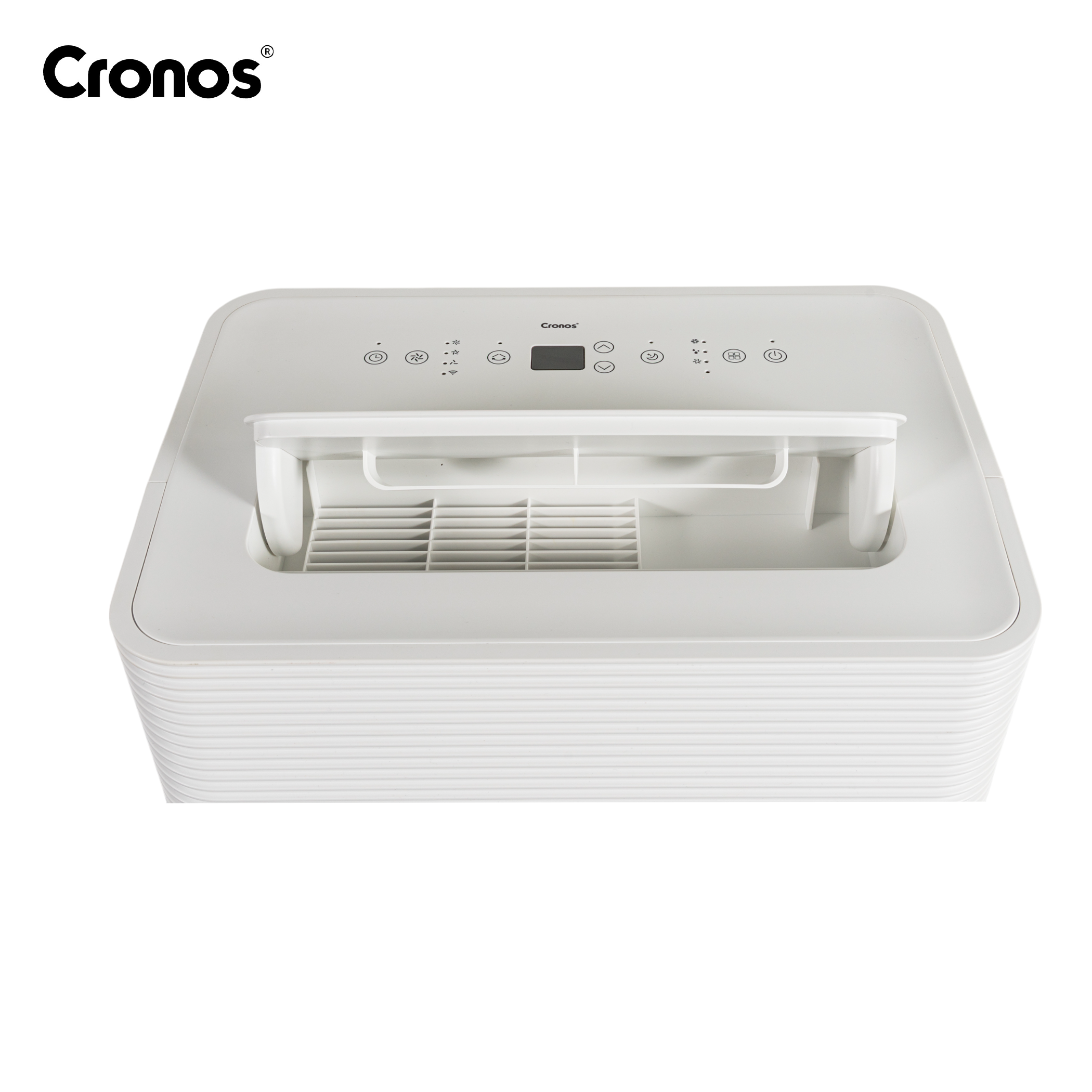 Biały osuszacz powietrza Cronos z przyciskami sterowania i cyfrowym wyświetlaczem.