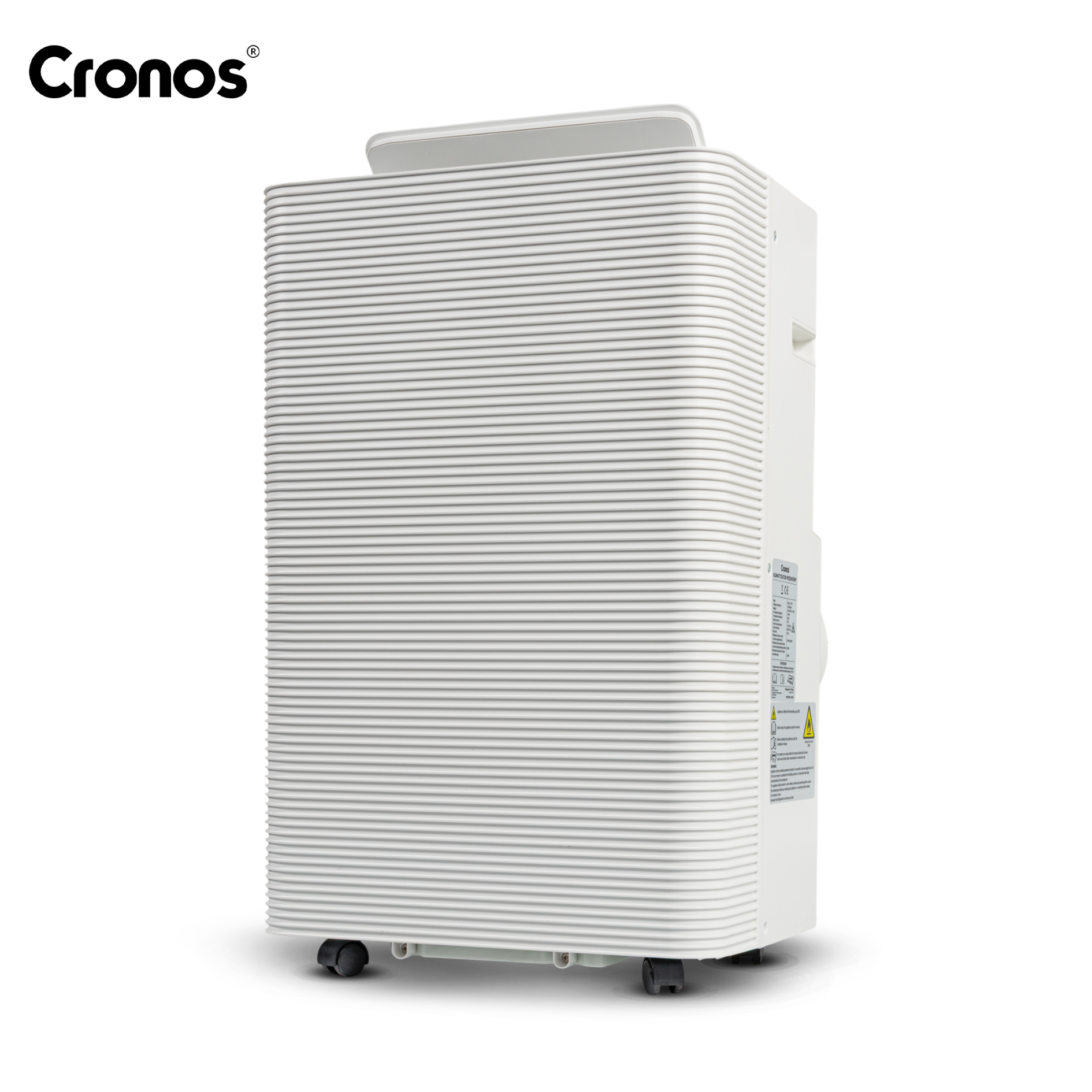 Biały oczyszczacz powietrza Cronos z poziomymi rowkami i kółkami.