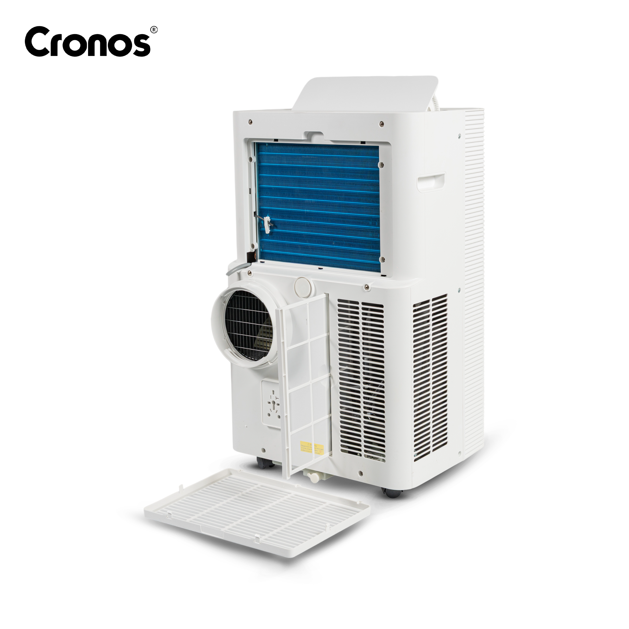 Biały klimatyzator Cronos z otwartym przedziałem i niebieskimi żeberkami.