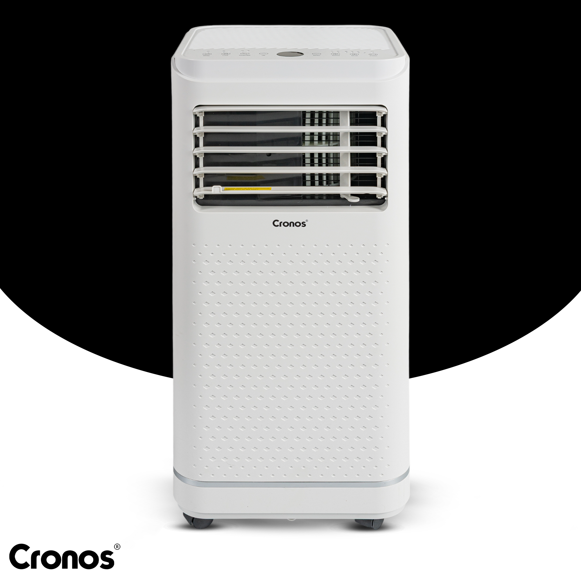 Biały, pionowy przenośny klimatyzator z żaluzjami i panelem sterowania.