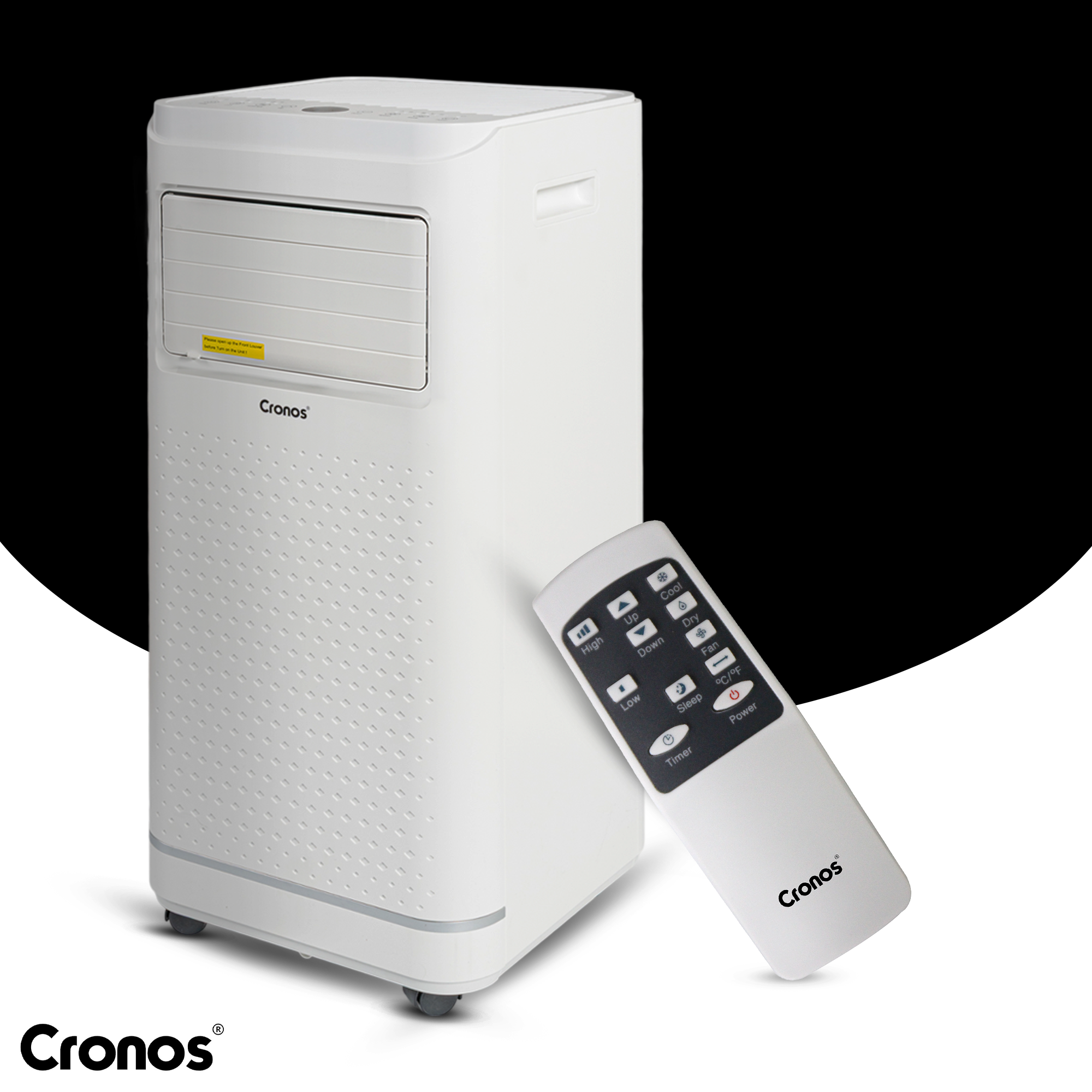 Biały klimatyzator Cronos z pilotem znajduje się na pierwszym planie.