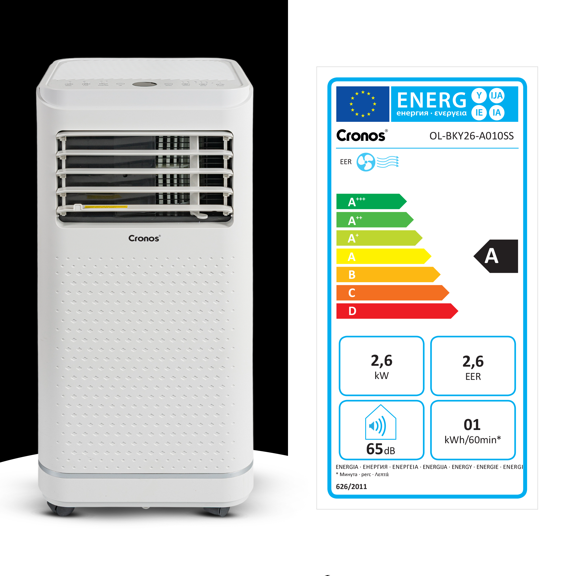 Biały klimatyzator Cronos z etykietą efektywności energetycznej.