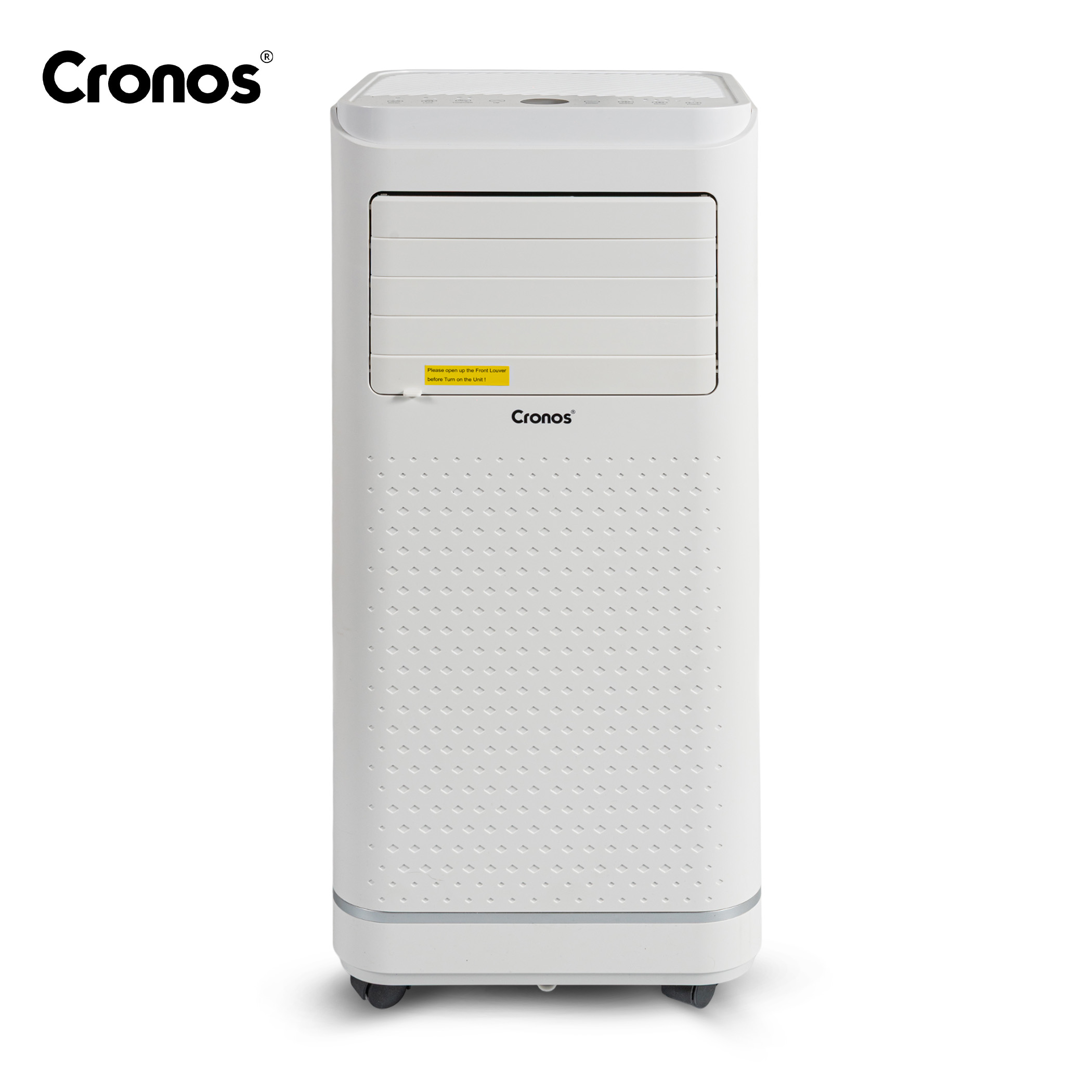 Biała chłodnica powietrza Cronos z kółkami i przednimi żaluzjami.