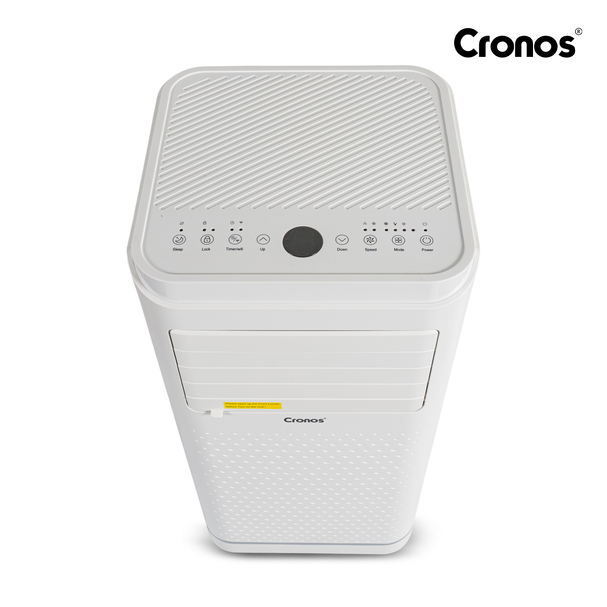 Biały oczyszczacz powietrza Cronos z przyciskami sterującymi na górnej powierzchni.