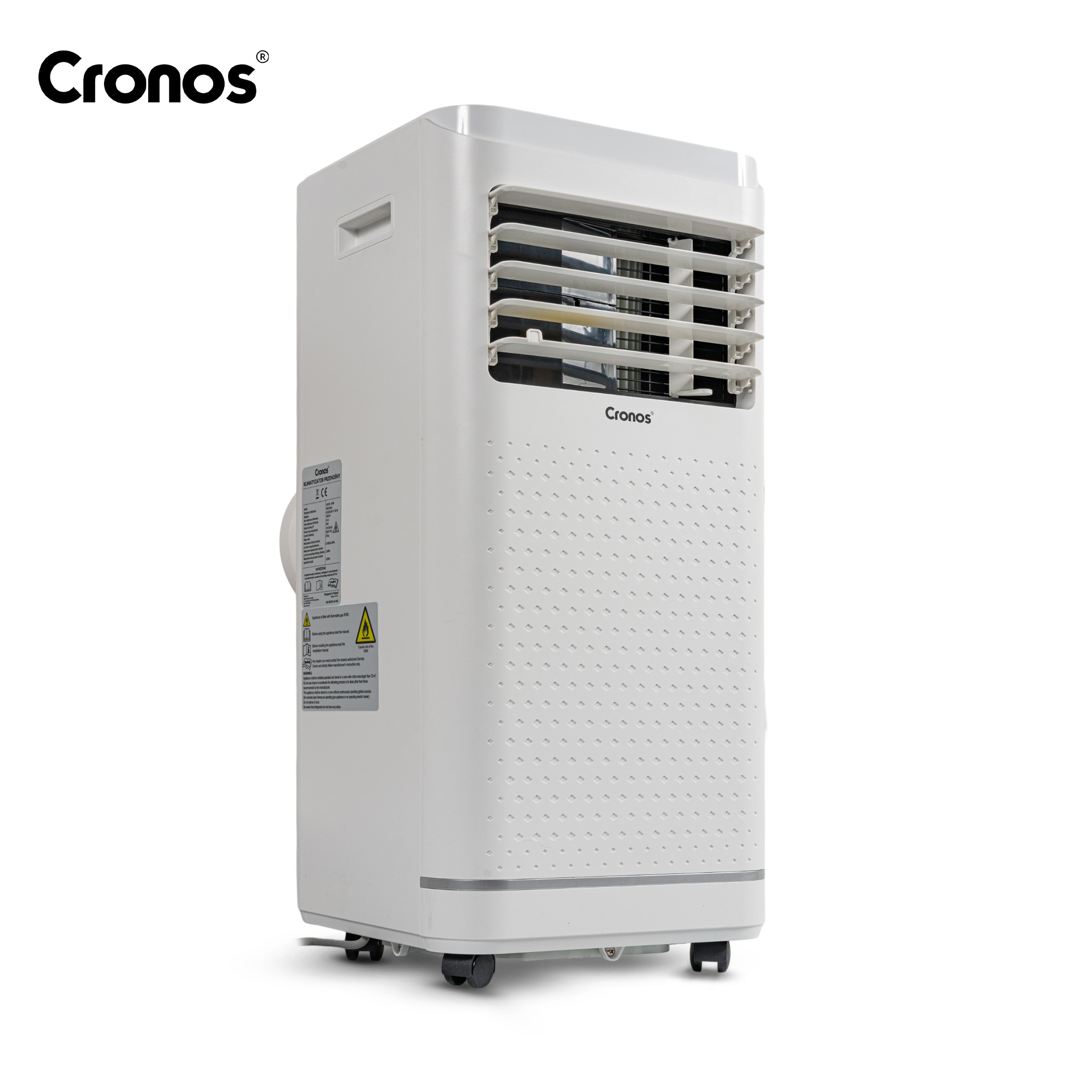 Biała klimatyzacja Cronos na kółkach, z żaluzjami wentylacyjnymi.