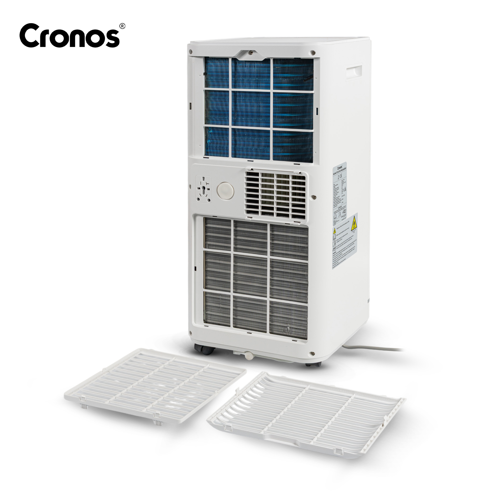 Tył białego klimatyzatora z niebieskimi żeberkami i dwoma białymi filtrami.