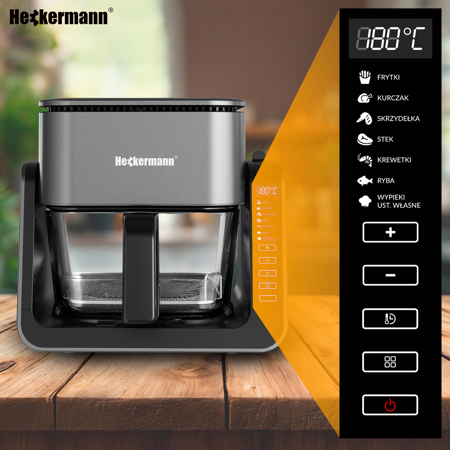 Ciemna frytkownica beztłuszczowa Heckermann z cyfrowym panelem sterowania na drewnianym stole.
